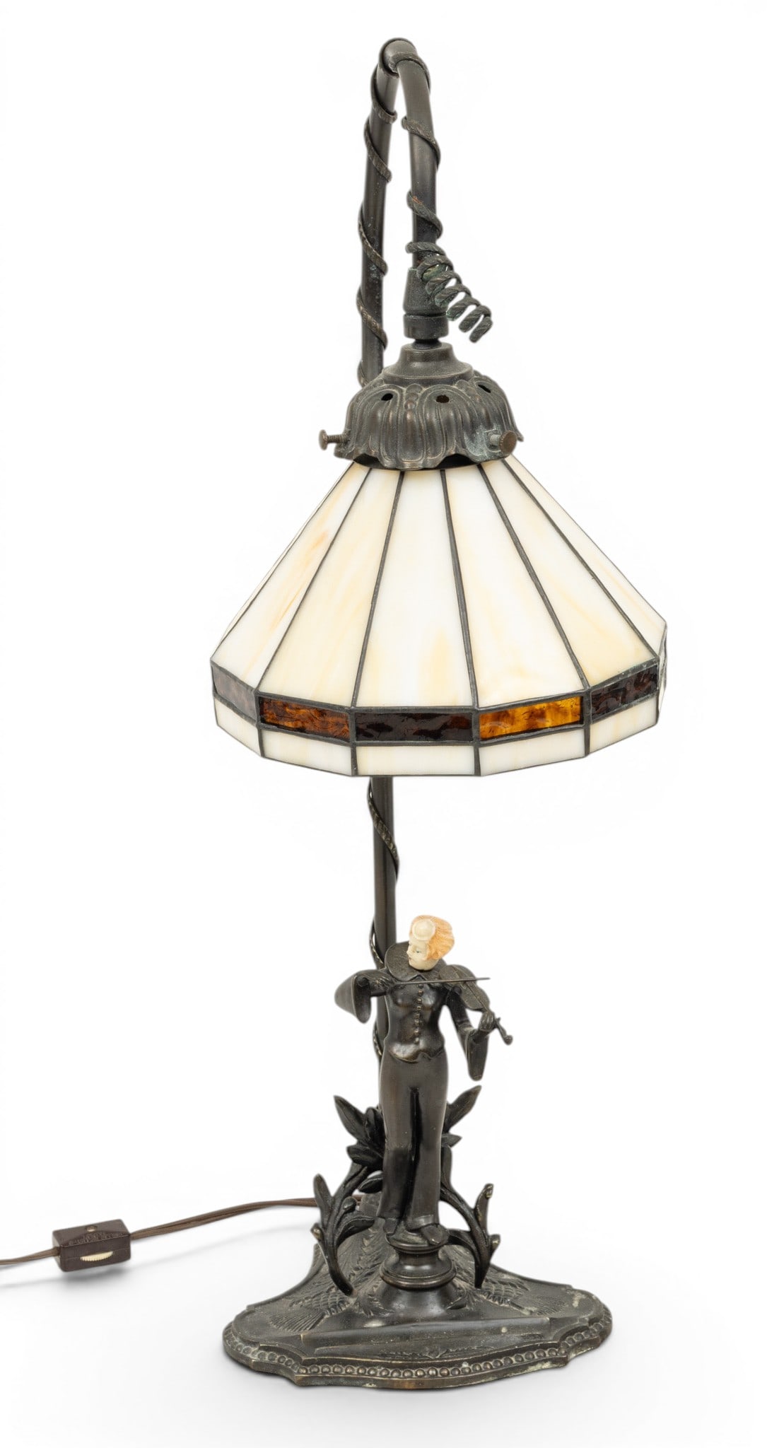 J.B. Hirsch Co. Collection Francaise (American) Art Deco Style Spelter and Leaded Glass Table Lamp: J.B. Hirsch Co. Collection Francaise (American) Art Deco Style Spelter and Leaded Glass Table Lamp 1930, 'Pixi Playing a Violin', H 20.5" W 6.5" Depth 6" Base signed "Collection Francais Made in USA".