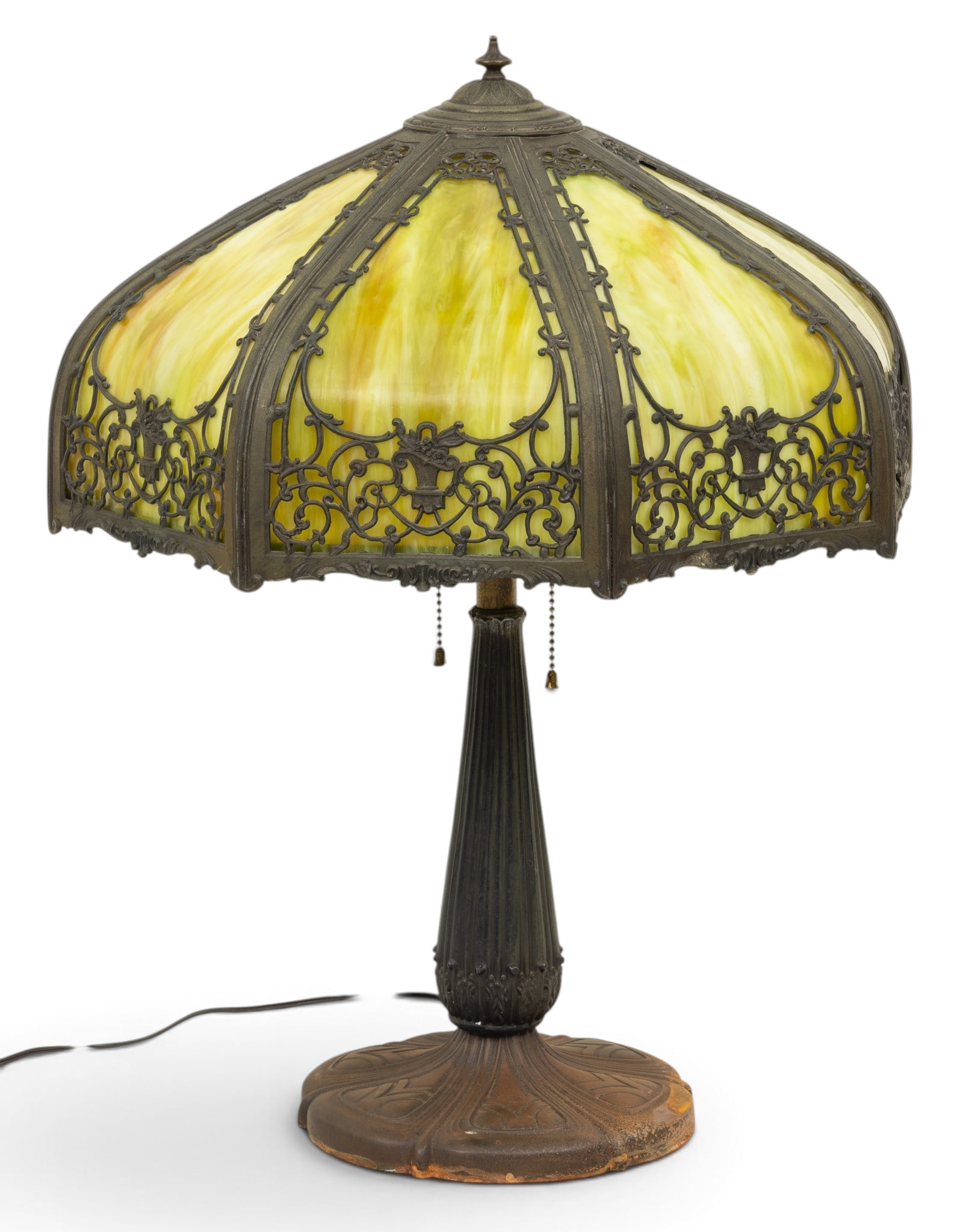 American Art Nouveau Style Eight Panel Slag Glass and Spelter Filigree Table Lamp, H 24" Dia. 10": American Art Nouveau Style Eight Panel Slag Glass and Spelter Filigree Table Lamp, H 24" Dia. 10" No apparent maker's mark. Eight panels of caramel slag glass set in a patinated spelter filigree shade