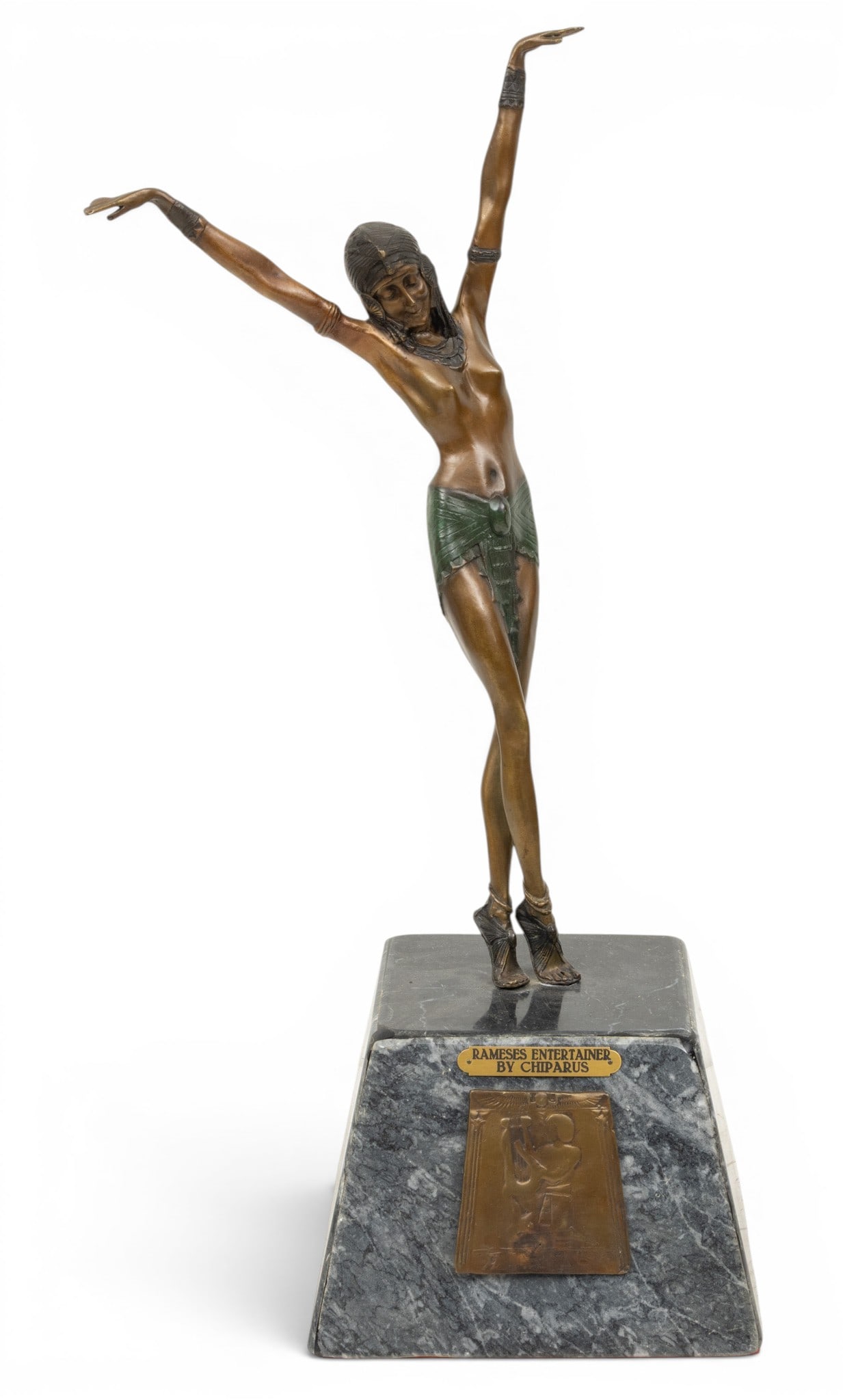 After Demetre Chiparus (Romanian, 1886-1947) Art Deco Bronze Sculpture 20th C., 'Rameses': After Demetre Chiparus (Romanian, 1886-1947) Art Deco Bronze Sculpture 20th C., 'Rameses' Entertainer', H 28" W 10" L 10" Depicting a semi nude female dancer atop a marble clad tapered pyramid form pl