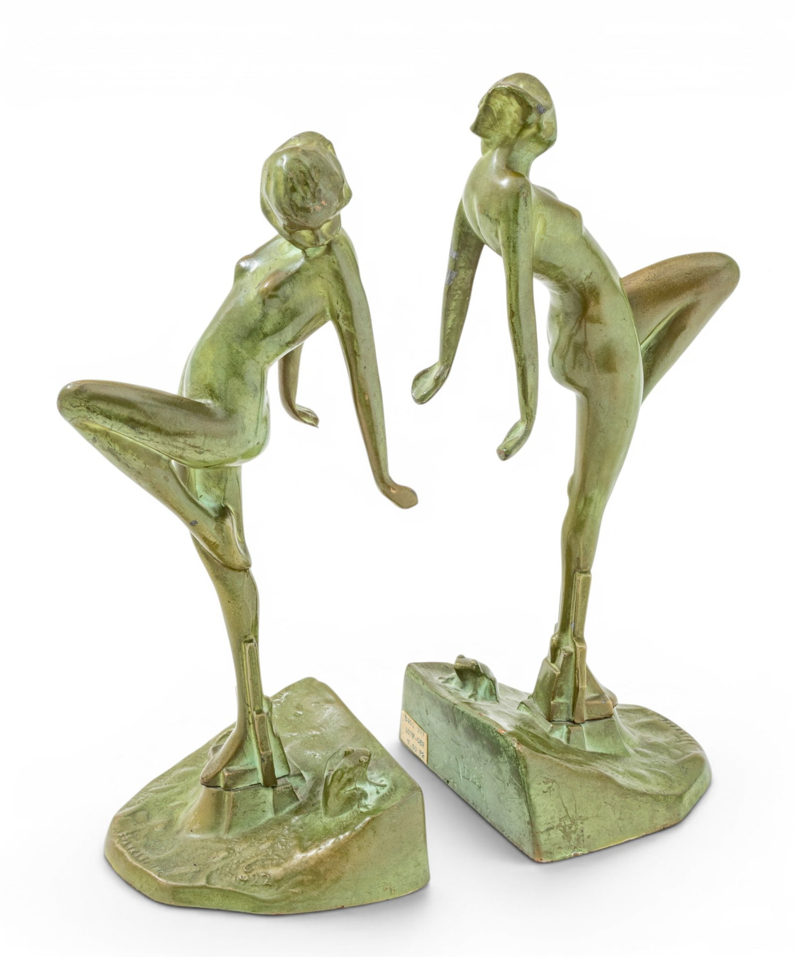 Frankart, Inc. (American) Art Nouveau Patinated Spelter Bookends, Ca. 1920-1930, 'Girl and Frog', H: Frankart, Inc. (American) Art Nouveau Patinated Spelter Bookends, Ca. 1920-1930, 'Girl and Frog', H 10.5" W 4.5" Depth 3.75" 1 PAIR Each retains their original green patina. Having the Frankart stamp 