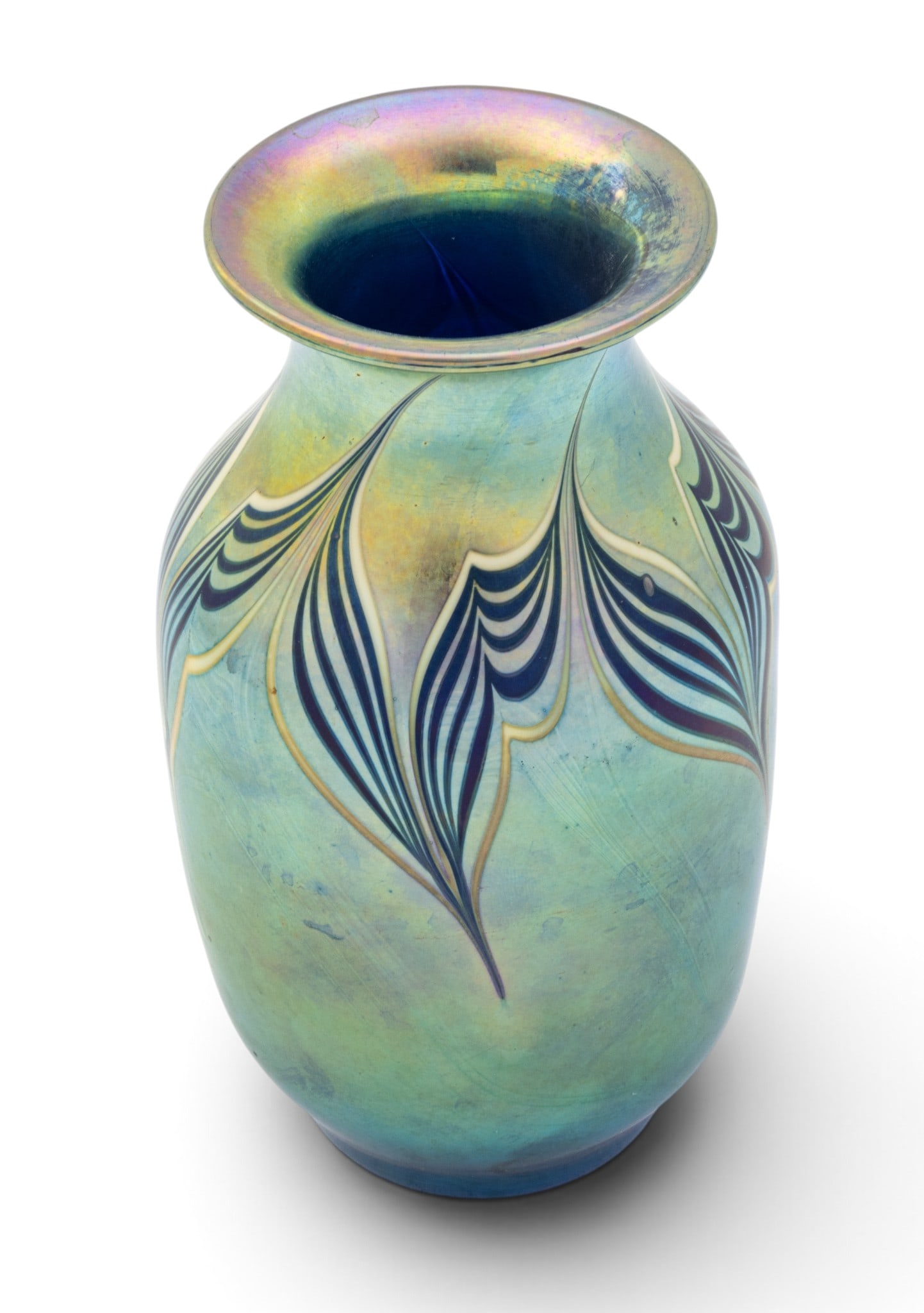 Orient and Flume (American, Est. 1972) Blown Art Glass Iridescent Vase 1977, H 7" 1 PC (1 of 8)