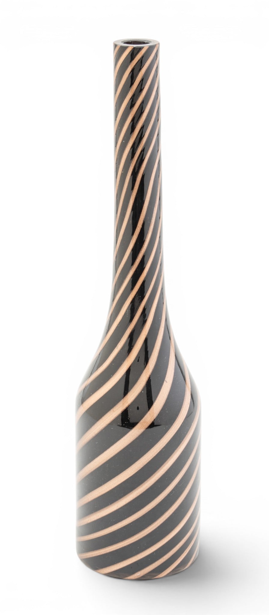 Murano (Venetian) Black and Brown Swirl Stick Neck Vase H 15" Dia. 3.5": Murano (Venetian) Black and Brown Swirl Stick Neck Vase H 15" Dia. 3.5" Retains original paper sticker: Murano - made in Italy. Hand blown. Provenance: From the Prominent Art & Design Collection