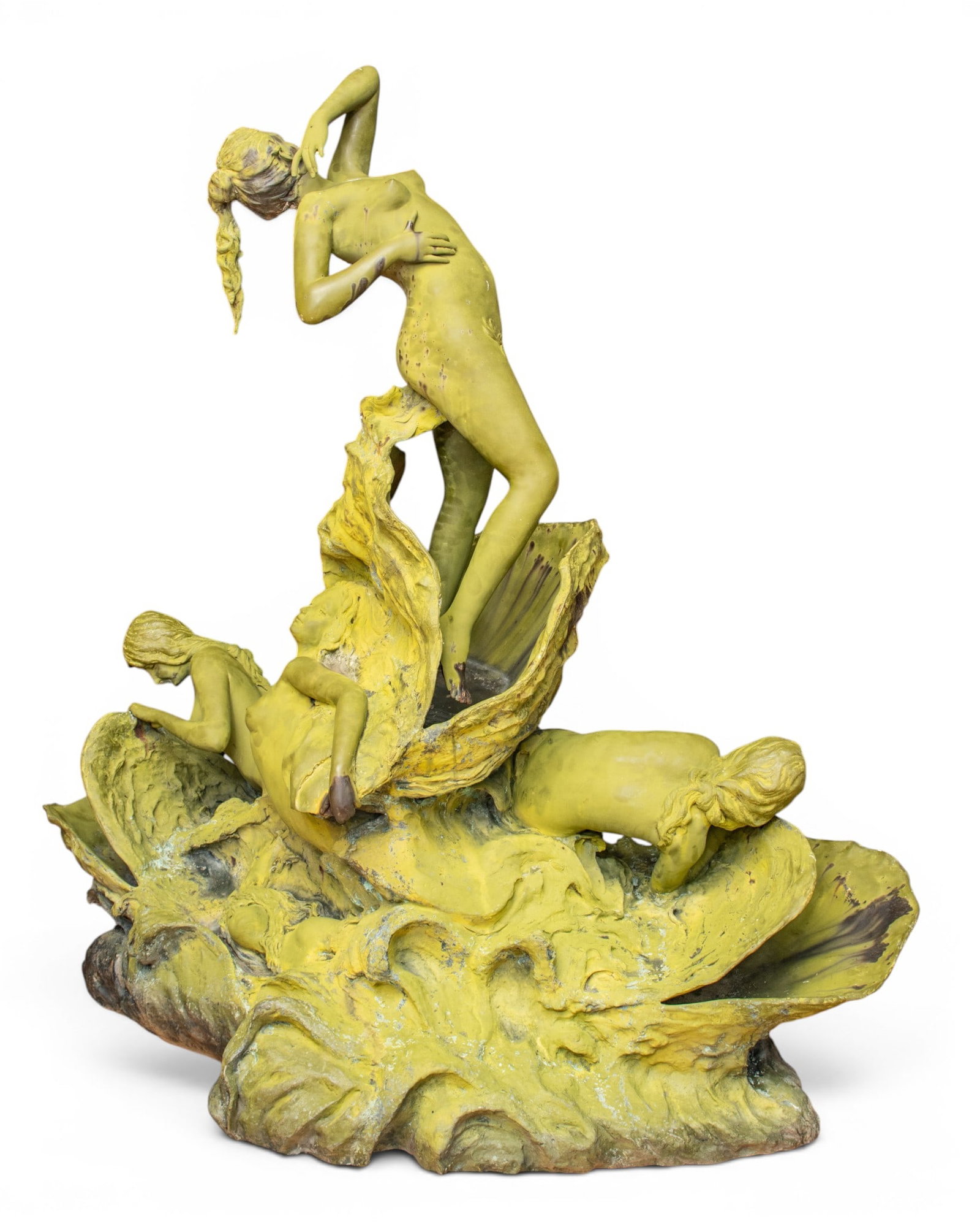 After Francois-Raoul Larche (French, 1860-1912) Bronze Garden Sculpture '"LaMer" Monument Size', H: After Francois-Raoul Larche (French, 1860-1912) Bronze Garden Sculpture '"LaMer" Monument Size', H 6' 4" W 6' 4" Depth 3' 8" 1 PC Art Nouveau bronze sculpture of five nude nymphs among sea shells and 