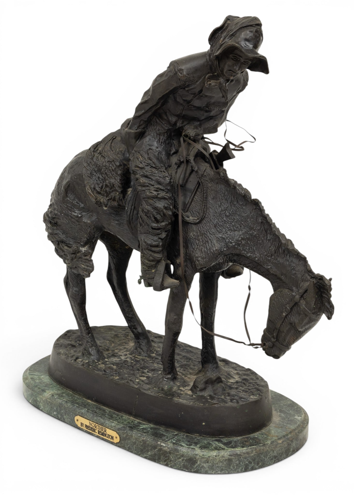 After Frederic Remington (American, 1861-1909) Bronze Sculpture, 20th C., 'The Norther', H 19.25" W (1 of 9)