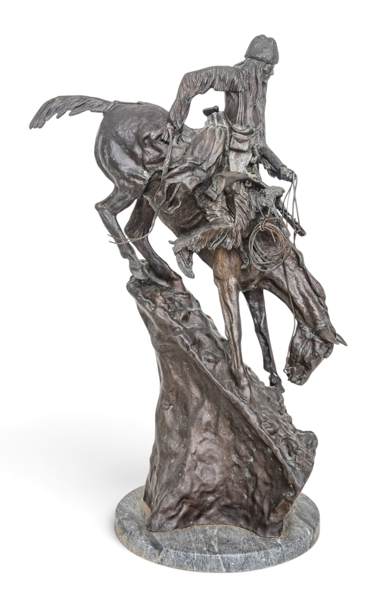 After Frederic Remington (American, 1861-1909) Bronze Sculpture 20th C., 'Mountain Man', H 26" 1 PC: After Frederic Remington (American, 1861-1909) Bronze Sculpture 20th C., 'Mountain Man', H 26" 1 PC Mounted on a marble base H 27". Dark brown patina. Provenance: Property from an Ann Arbo