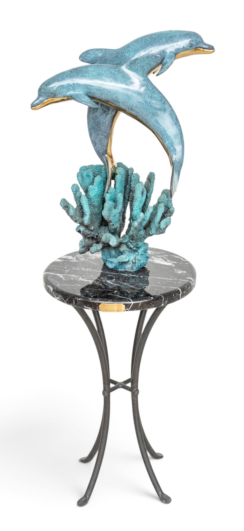 Robert Wyland (American, B. 1956) Bronze Sculpture 1990, 'Children of the Sea', H 25.5" W 19" Dia.: Robert Wyland (American, B. 1956) Bronze Sculpture 1990, 'Children of the Sea', H 25.5" W 19" Dia. 16" Signed, dated and numbered 59/200. On the original bronze table with marble top. H 25", Dia. 16".