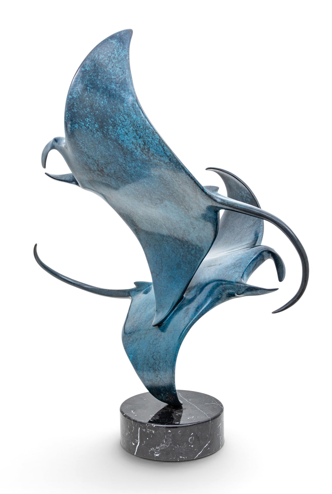 Doug Wylie (American, B. 1952) Bronze Sculpture 1999, 'Rendezvous', H 36" W 33" Depth 19": Doug Wylie (American, B. 1952) Bronze Sculpture 1999, 'Rendezvous', H 36" W 33" Depth 19" Lost wax bronze cast with an oceanic blue-green patina depicting manta rays swimming in an interlocking format