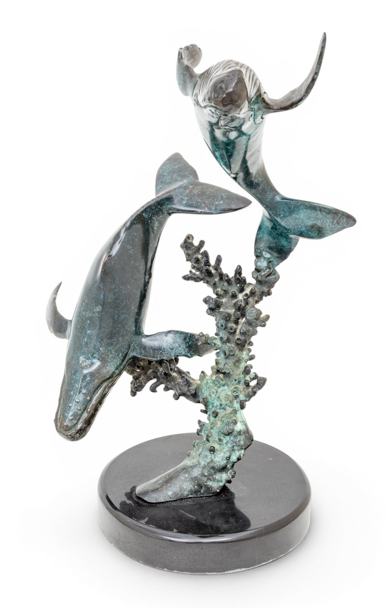 Dale J. Evers (American, B. 1955) Bronze Sculpture 'Whales', SN: 1/100, H 14" W 9" Depth 9": Dale J. Evers (American, B. 1955) Bronze Sculpture 'Whales', SN: 1/100, H 14" W 9" Depth 9" Depicting two humpback whales intertwined alongside an upward-reaching coral formation. Cast bronze wi
