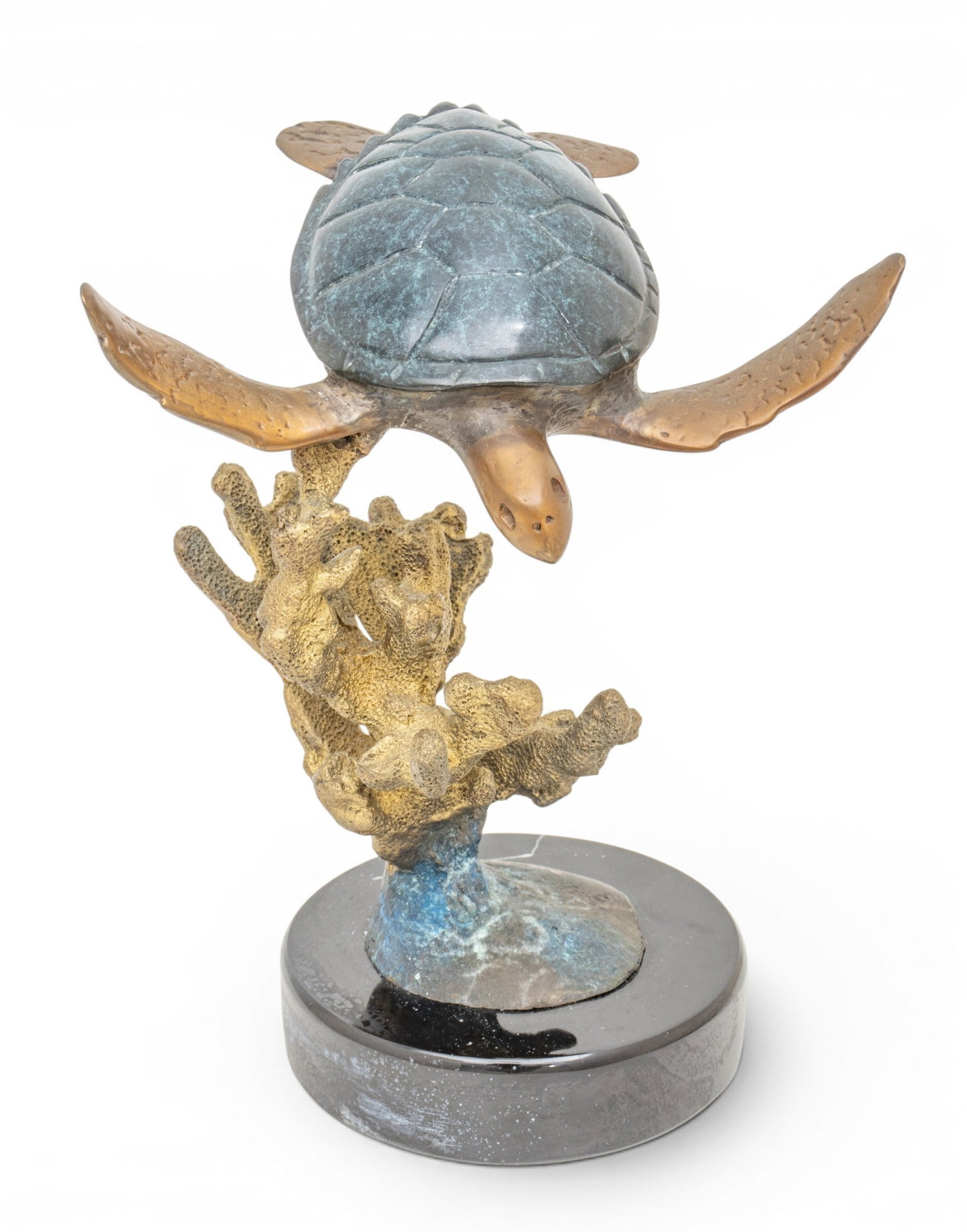 Dale J. Evers (American, B. 1955) Bronze Sculpture 1994, 'Turtle', H 8.75" W 7.75" Depth 6": Dale J. Evers (American, B. 1955) Bronze Sculpture 1994, 'Turtle', H 8.75" W 7.75" Depth 6" Cast bronze with patinas of marine blue-green and gold. Depicting a turtle swimming above a coral formation.