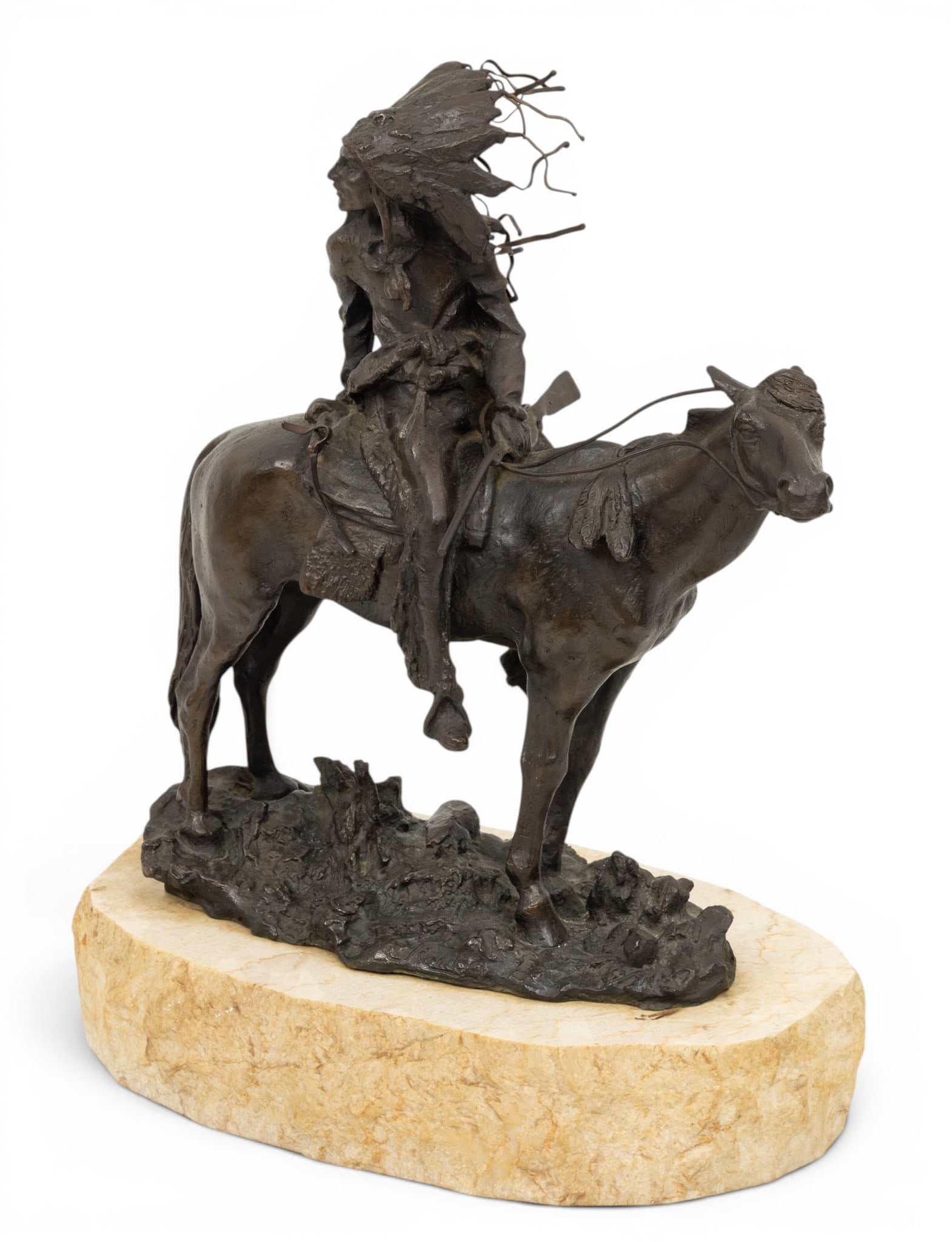 After Carl Kauba (Austrian, 1865-1922) Bronze Sculpture on Rough Marble Base 20th C., 'Indian Chief: After Carl Kauba (Austrian, 1865-1922) Bronze Sculpture on Rough Marble Base 20th C., 'Indian Chief on Horseback', H 12.5" W 6" L 11" Renaissance brown patina bronze depicting a Native American Chief 