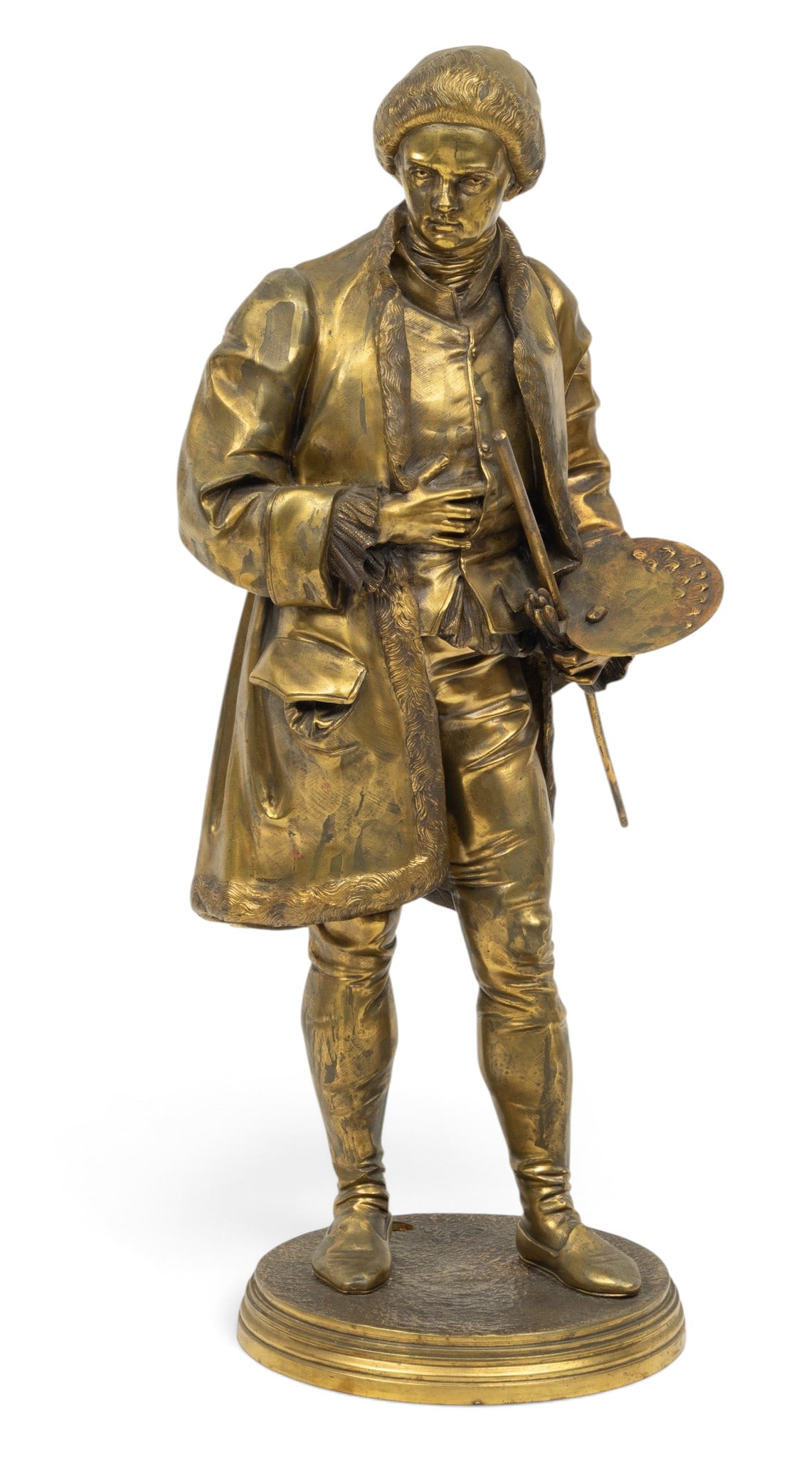 Jean Jules Bernard Salmson (French, 1823-1902) D'Ore Bronze Sculpture 1880-1900, 'Hogarth', H 22.5": Jean Jules Bernard Salmson (French, 1823-1902) D'Ore Bronze Sculpture 1880-1900, 'Hogarth', H 22.5" Dia. 9" Signed on base. Depicting the standing artist with palate and brush. Provenance: Prope