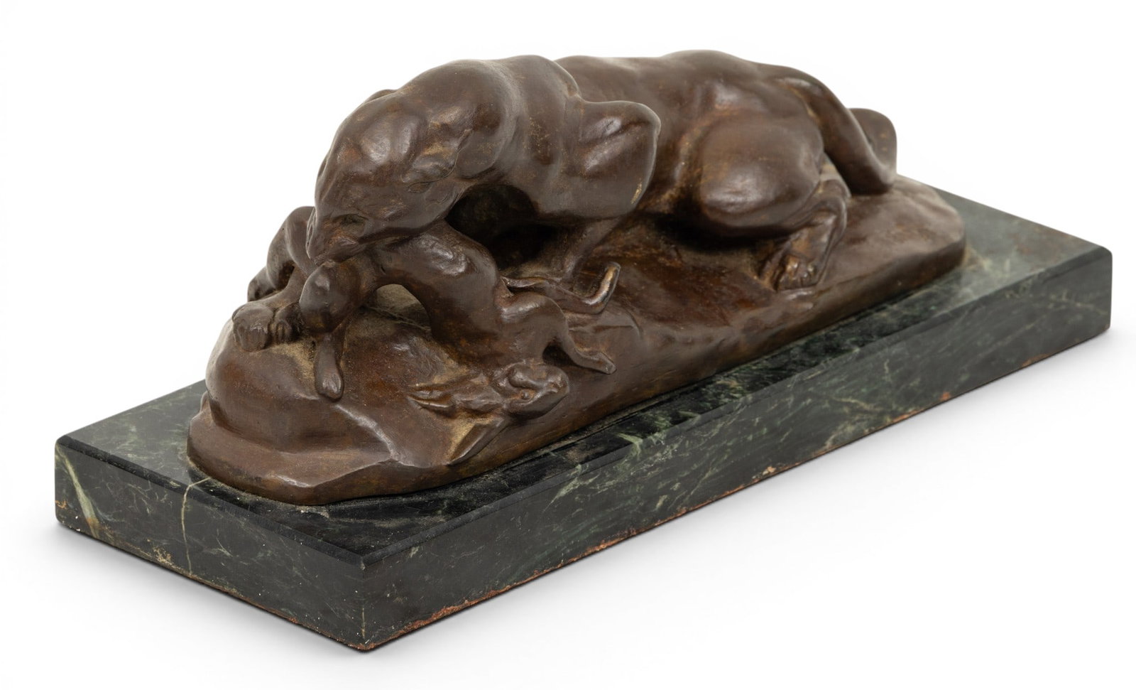 After Alfred Barye (French, 1839-1882) Bronze Sculpture 20th C., 'Jaguar Devouring a Hare', H 3.5" W (1 of 6)