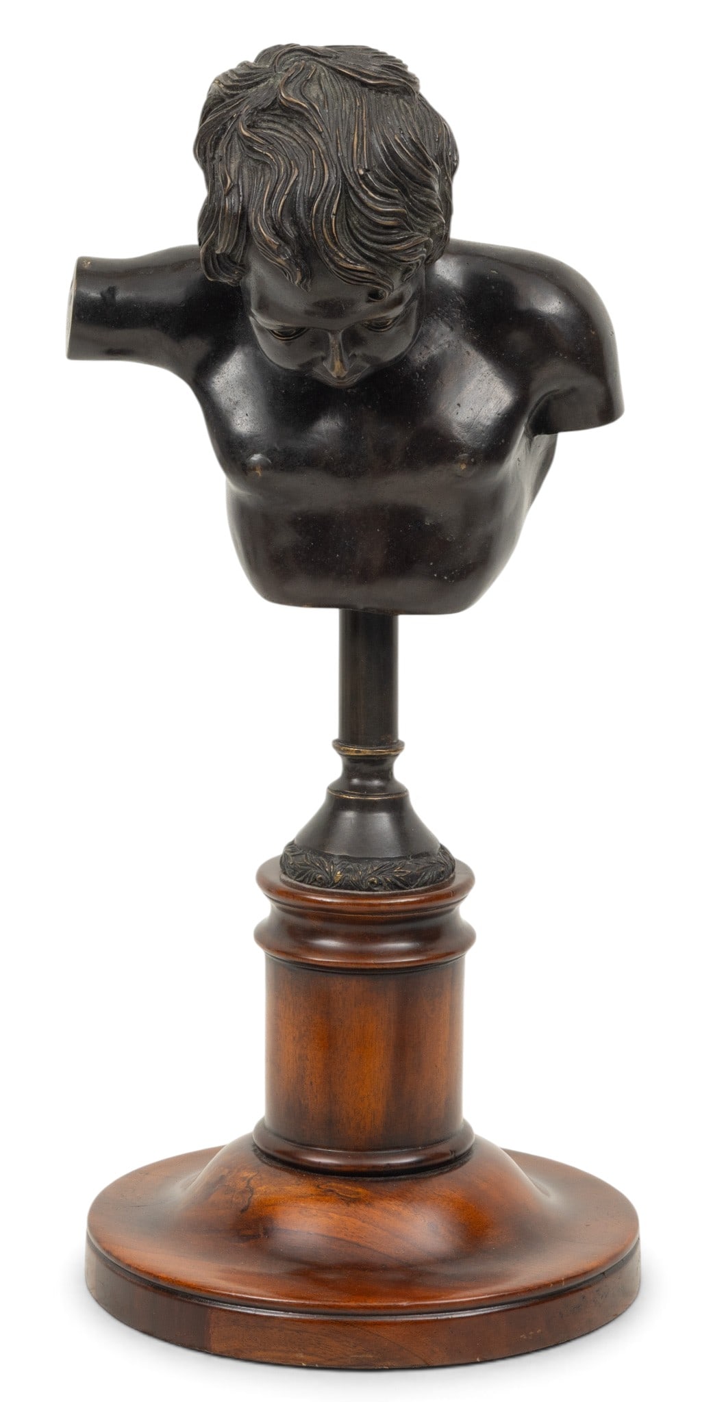Neoclassical Style Bronze Bust, Young Boy on Turned Wood Plinth, Ca. 1950, H 22" (1 of 4)