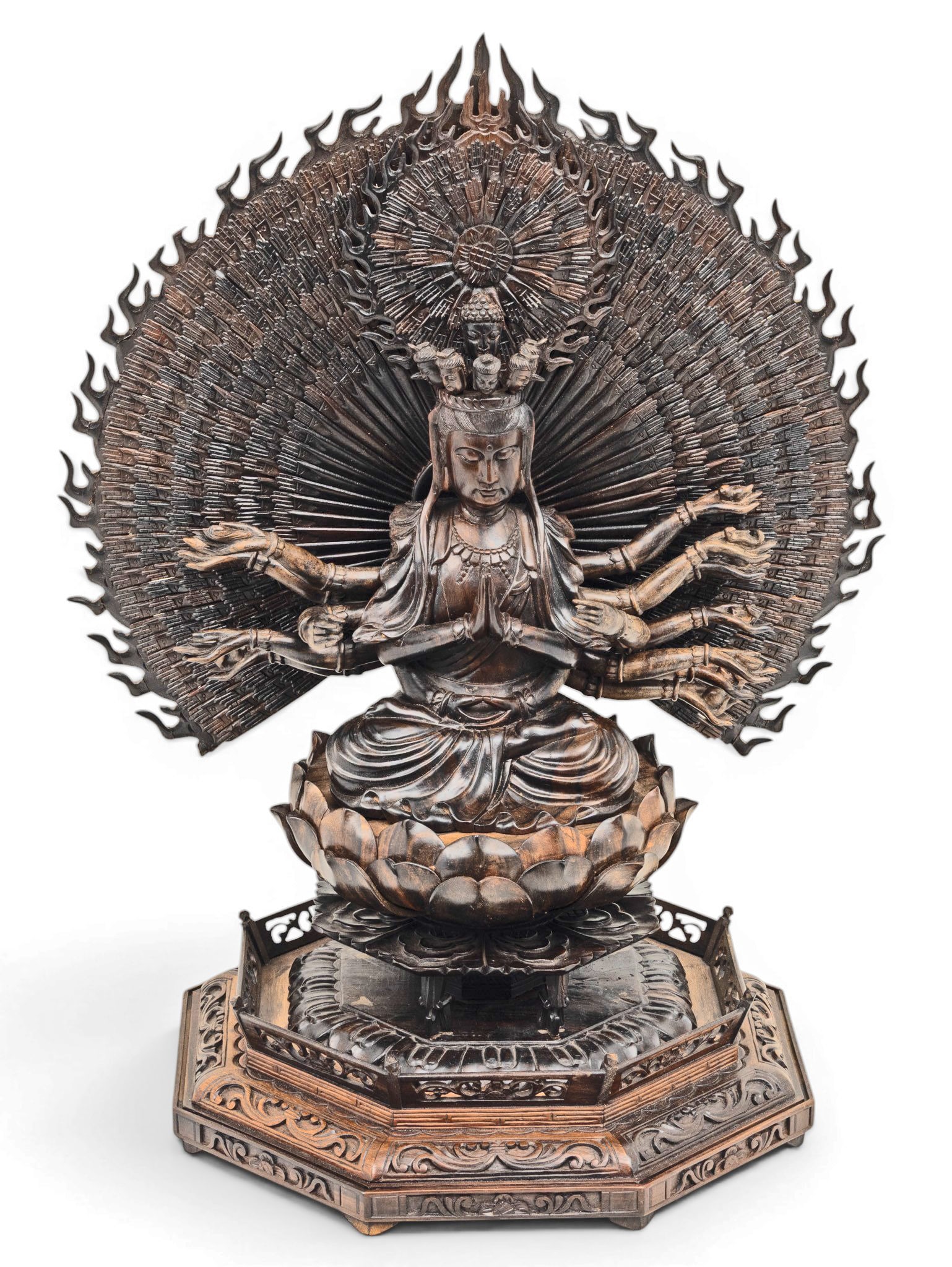 Indian Carved Teakwood Sculpture of Seated Avalokiteshvara, 20th C., H 24" W 20" Depth 16.5": Indian Carved Teakwood Sculpture of Seated Avalokiteshvara, 20th C., H 24" W 20" Depth 16.5" Carved teakwood sculpture of Avalokiteshvara or the thousand-hand Guanyin. Seated in a lotus position,