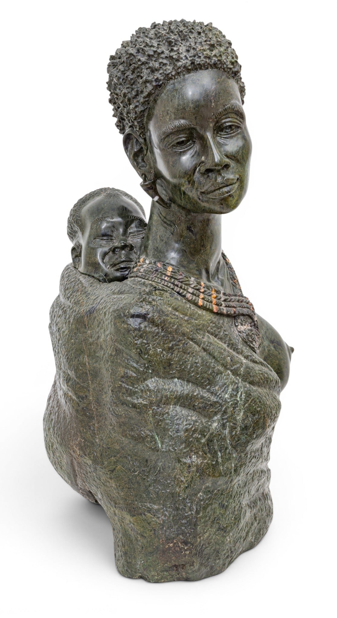 Zimbabwe Shona Carved Stone Sculpture 1950, 'Woman', H 24" W 13" Depth 13" 1 PC: Zimbabwe Shona Carved Stone Sculpture 1950, 'Woman', H 24" W 13" Depth 13" 1 PC Woman carrying child on back. Provenance: Property from a Highland, MI private collector Dimensions: H 24" W
