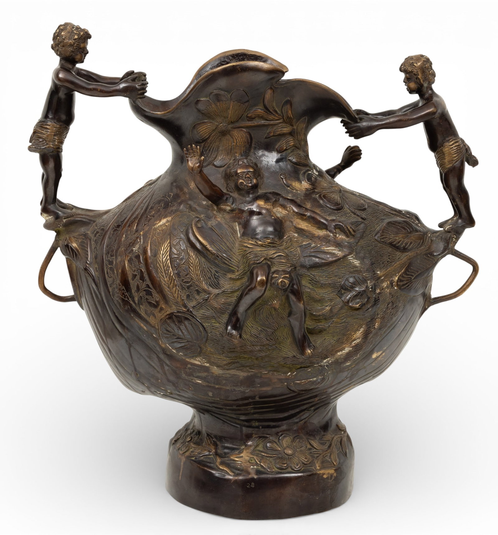 Art Nouveau Style Bronze Double Handle Urn, Late 20th C., 'The Catch of the Triton', H 24" W 15" L (1 of 8)