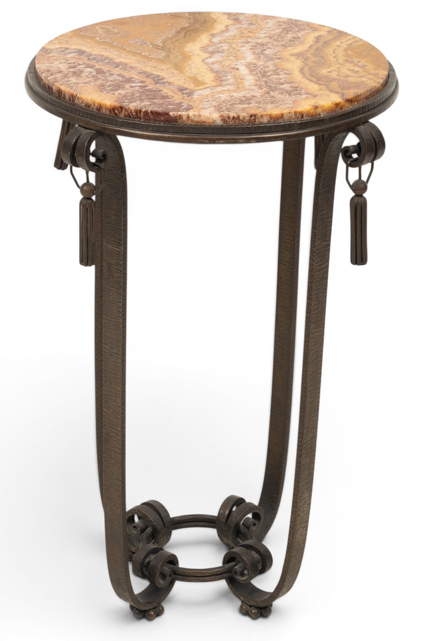 Raymond Subes (French) Art Deco Wrought Iron and Marble Accent Table 1920, H 29.5" Dia. 19.5" 1 PC: Raymond Subes (French) Art Deco Wrought Iron and Marble Accent Table 1920, H 29.5" Dia. 19.5" 1 PC Hand wrought base with four curved legs joined at circular floor stretcher. Iron tassels hang on legs