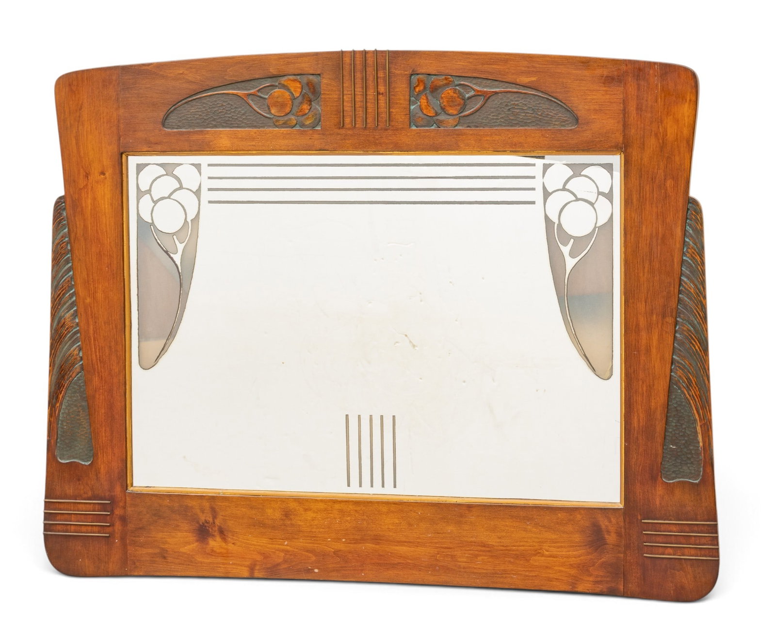 English Arts and Crafts Mirror, Ca. 1900, H 29" W 28": English Arts and Crafts Mirror, Ca. 1900, H 29" W 28" stylized floral carved upper corners and tree branch form side panels, having matching floral etchings on the glass. Remnant tag on verso.&nb