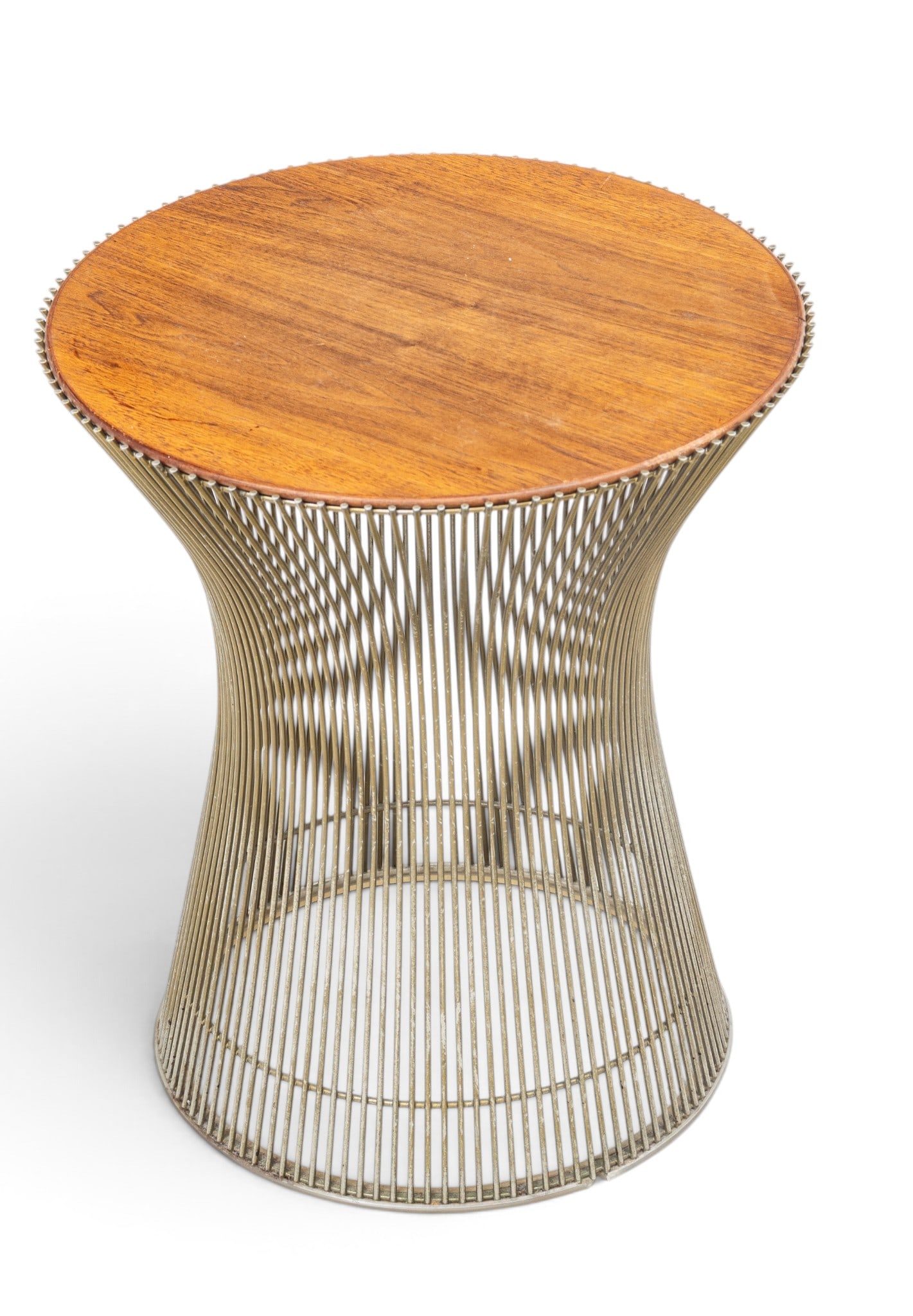 Warren Platner (American, 1919-2006) for Knoll Steel Wire and Inset Wood Side Table H 18" Dia. 15": Warren Platner (American, 1919-2006) for Knoll Steel Wire and Inset Wood Side Table H 18" Dia. 15" Vertically aligned wire frame with inset mahogany top. Provenance: Property from a Mount Clemen