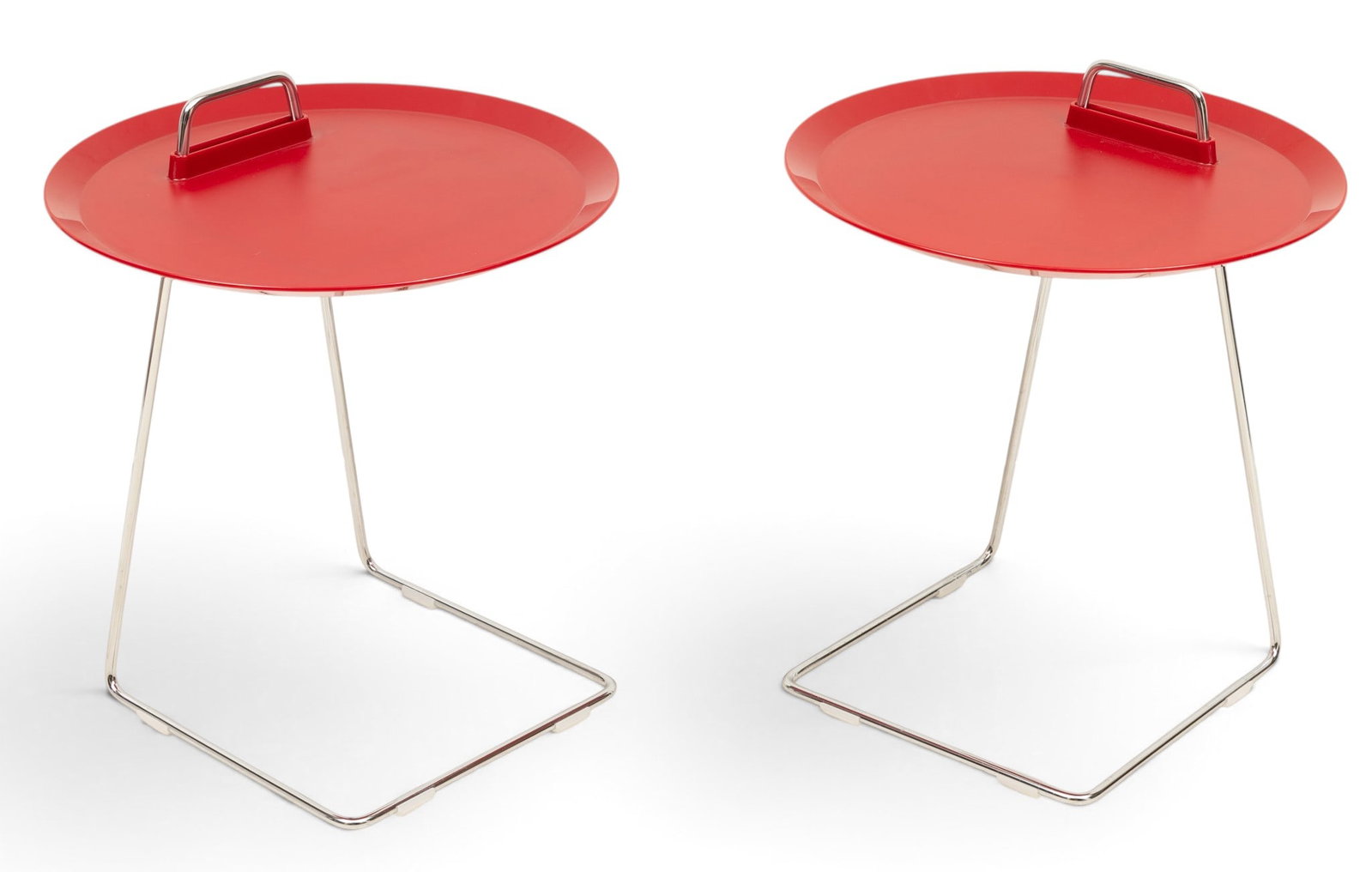 Speziell (German) (for Studio Dumo (Italian)) Chrome Plated Frame and Red Top Porter Side Tables H: Speziell (German) (for Studio Dumo (Italian)) Chrome Plated Frame and Red Top Porter Side Tables H 22" W 18" Dia. 18" 1 PAIR Having a circular red top above chrome base. ABS plastic and wire with chro