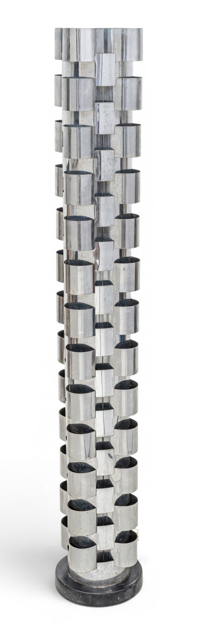 Curtis Jeré (American, 1910-2008) Mid-Century Modern Stainless Steel Floor Lamp, Ca. 1975,: Curtis Jeré (American, 1910-2008) Mid-Century Modern Stainless Steel Floor Lamp, Ca. 1975, 'Skyscraper', H 62" Dia. 9.5" Consisting of 13 levels of stacked hoops formed from a cloverleaf design a