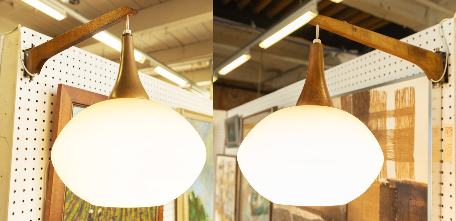 Danish Mid-Century Modern Walnut and Frosted Glass Danish Wall Sconces, Ca. 1960, H 15" W 19" Depth (1 of 5)