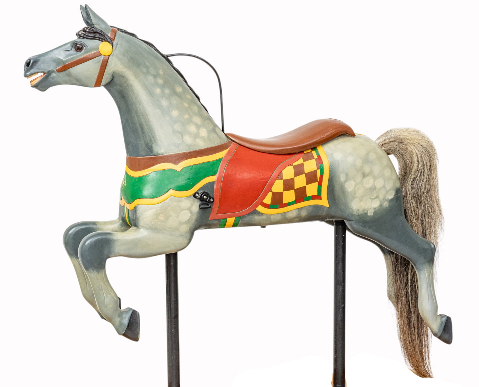 Attributed to Armitage-Herschell Company (American, 1872-1903) Painted Carved Wood Carousel Horse H: Attributed to Armitage-Herschell Company (American, 1872-1903) Painted Carved Wood Carousel Horse H 54" W 12" L 57" Restored by Carousel Magic Inc., Mansfield, Ohio. With oak base measuring 56" by 19"