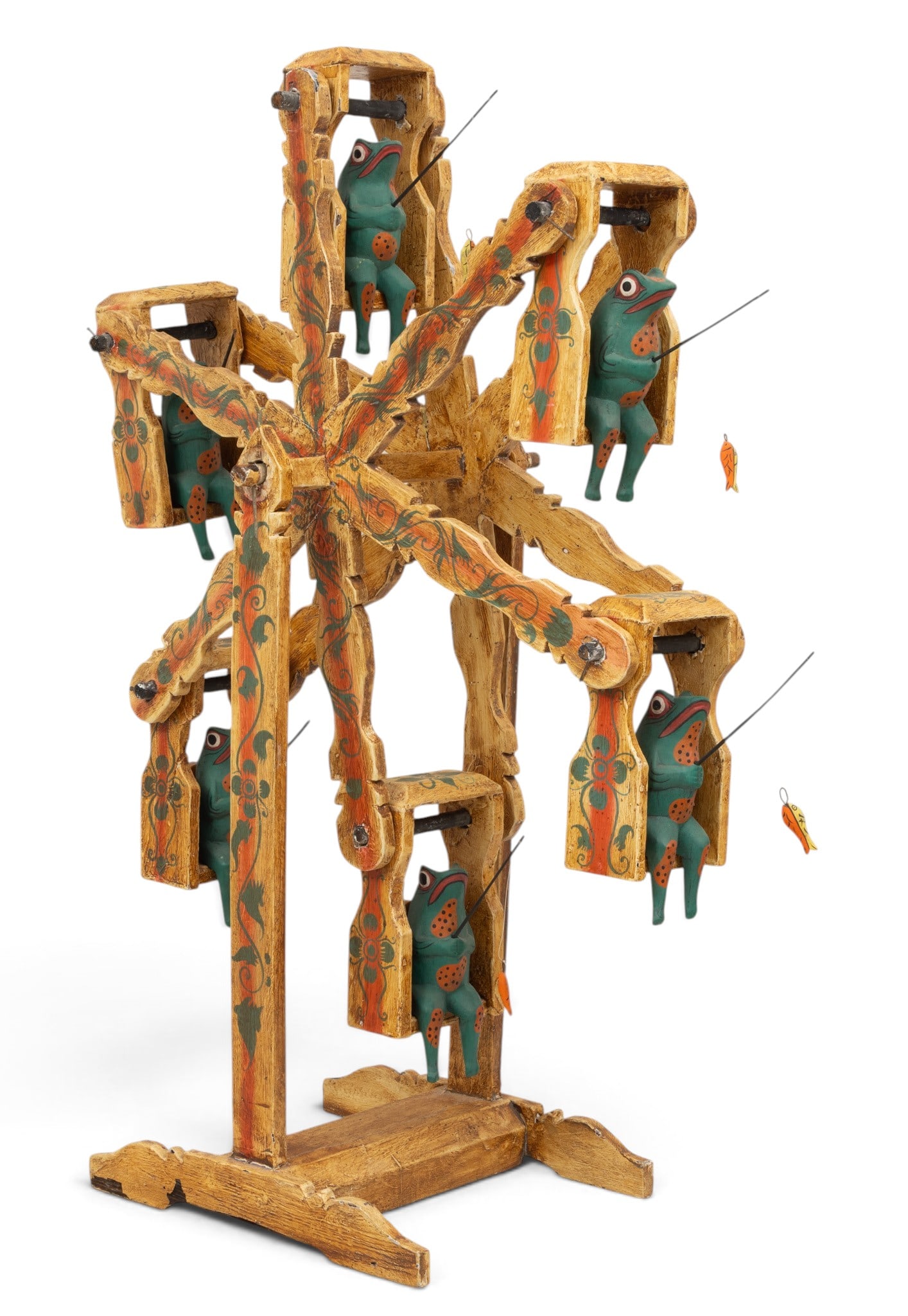 American (Folk Art) Carved Wood Ferris Wheel, Six Buckets with Frogs Fishing 1900, H 40" W 25" 1 PC (1 of 10)