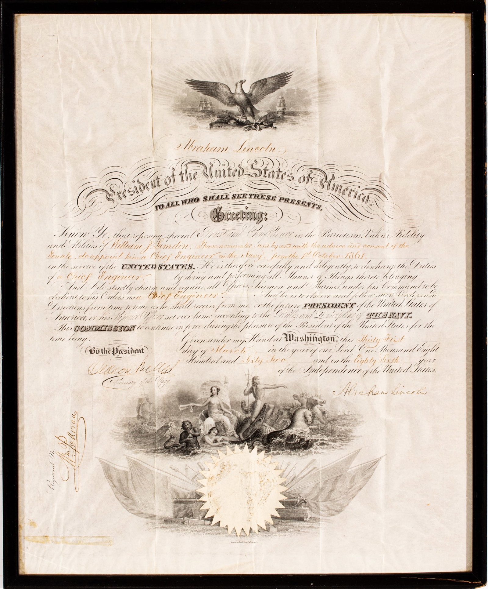Abraham Lincoln Signed William J. Lamdin Naval Engineering Appointment Document, Signed by President (1 of 9)