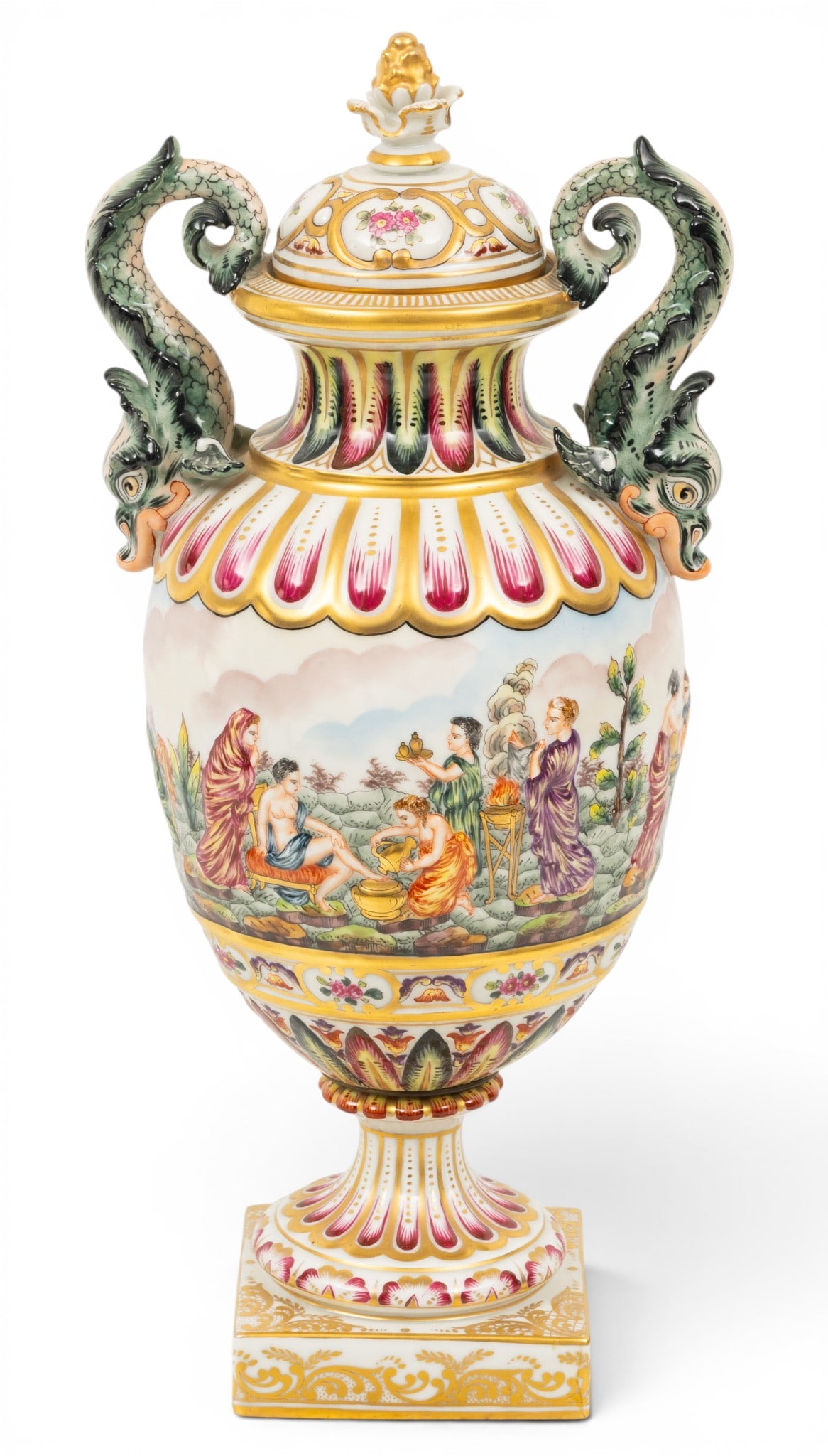 Capo Di Monte, (France) Porcelain Urn 19th.c., H 19" W 8": Capo Di Monte, (France) Porcelain Urn 19th.c., H 19" W 8" Fine porcelain. Pedestal base. Dolphin handles. Hand decorated rococo relief allegorical scene. Signed "Made in France" and trade mark o
