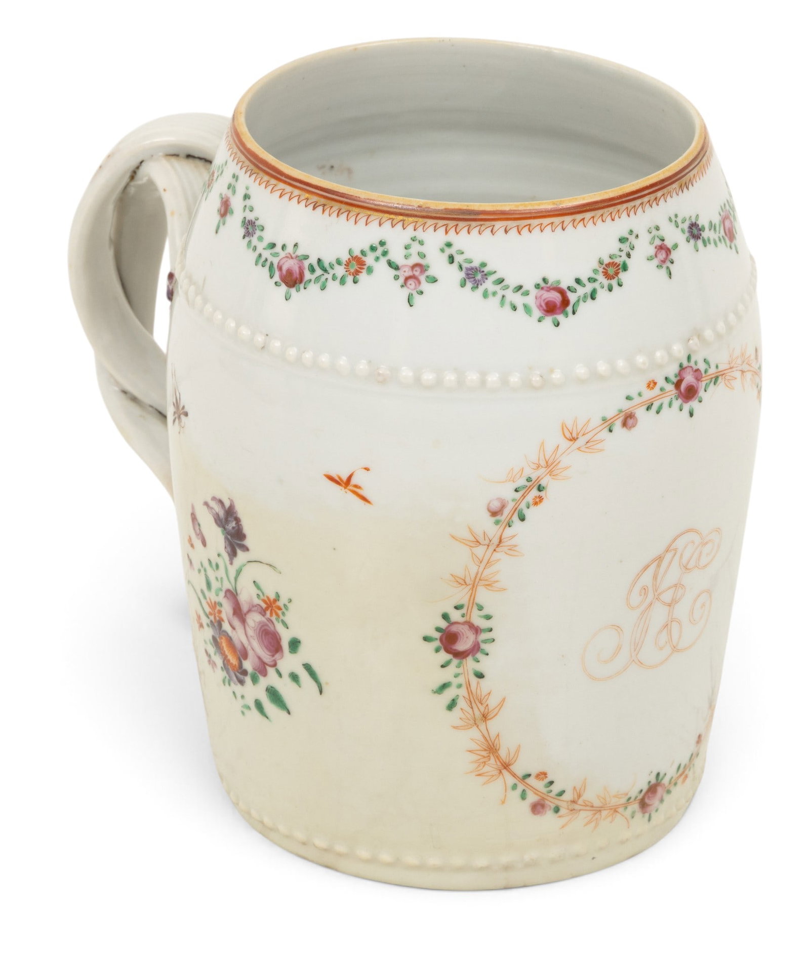 Chinese Export Famille Rose Porcelain Tankard 18th C., H 6.25" L 6.5" Dia. 5" 1 PC (1 of 5)