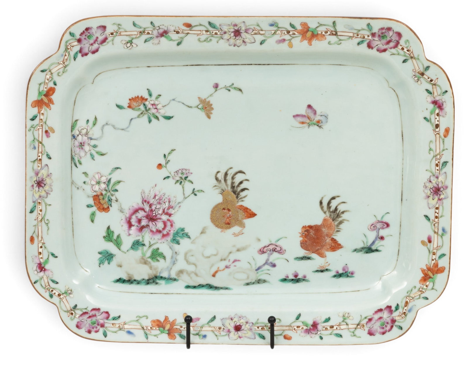 Chinese Export Qianlong Period Rose Medallion Porcelain Rectangular Platter Mid 18th C., W 12.5" L: Chinese Export Qianlong Period Rose Medallion Porcelain Rectangular Platter Mid 18th C., W 12.5" L 16" Of rectangular form with scalloped corners. Center scene on a pale blue ground of roosters (one w