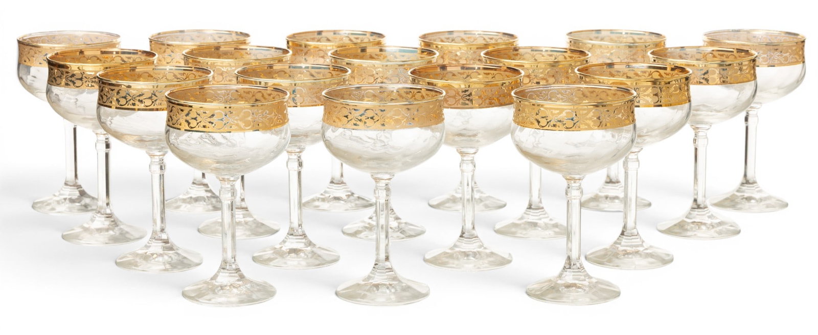 Lenox (American) "Autumn" Gold Band Crystal Saucer Champagne Goblets 1940, H 6" Dia. 3.5" 18 PCS: Lenox (American) "Autumn" Gold Band Crystal Saucer Champagne Goblets 1940, H 6" Dia. 3.5" 18 PCS Wide gold band. Octagonal stem. Dimensions: H 6" Dia 3.5" 18 PCS