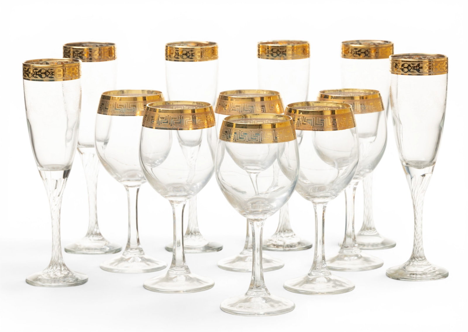 Gold Band Champagne Flutes 8.5" and Wines 7" 1940, 12 PCS (1 of 2)