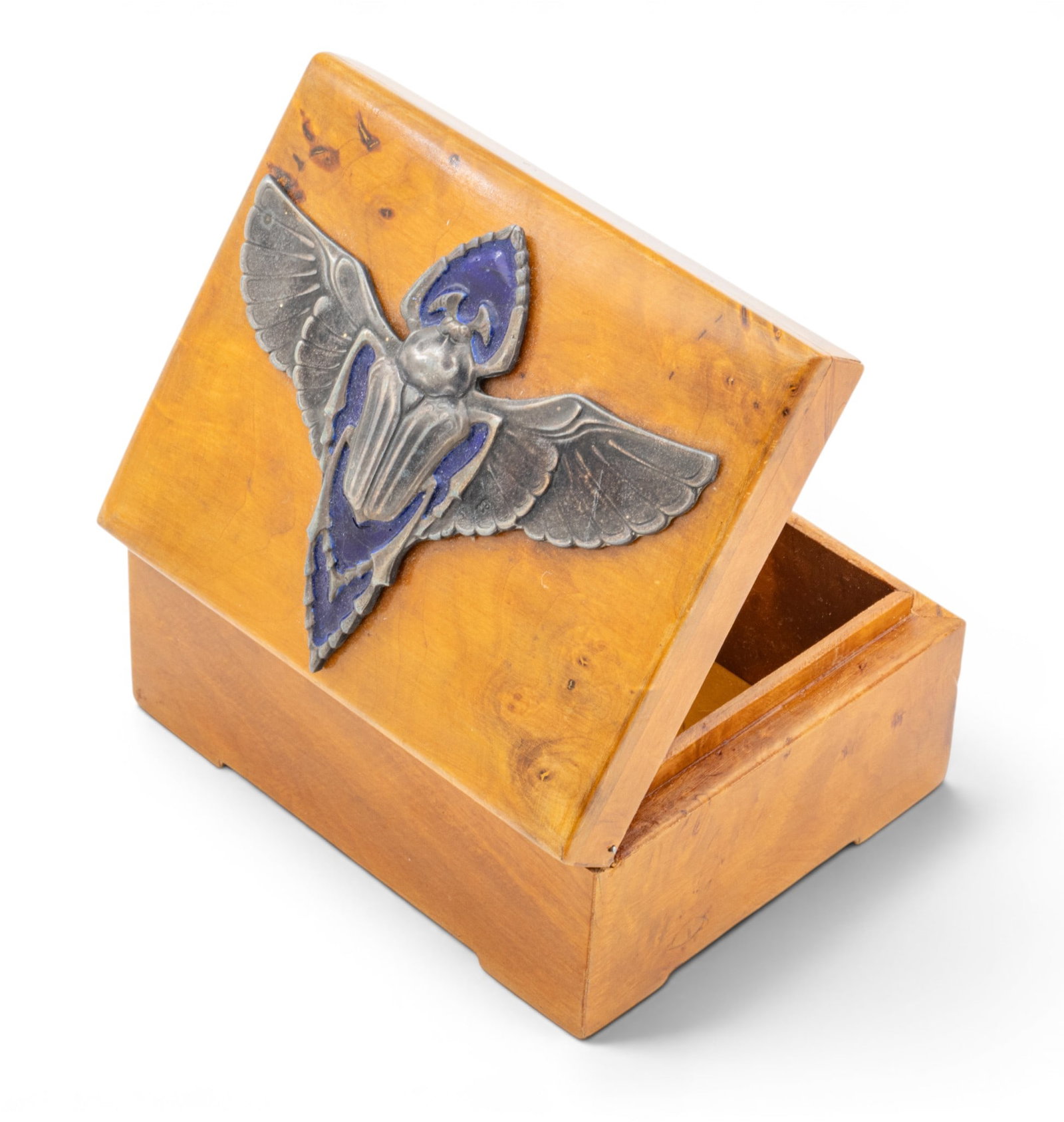 Russian Egyptian-Revival Style Enamel, Silver and Burl Birch Dresser Box, Ca. 1940, H 2" L 4" Depth (1 of 5)