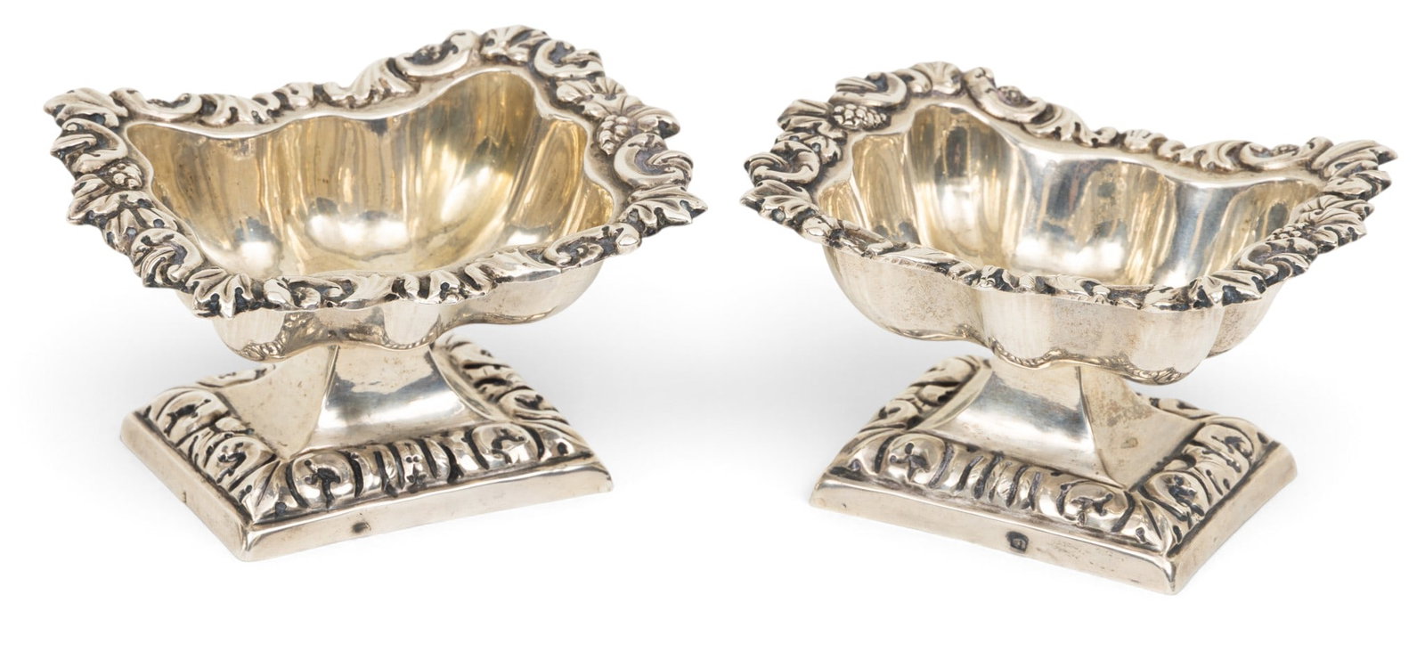 Sterling Silver Pedestal Salts, European 1900, H 25.2" W 3" L 4" 6.2 t oz 1 PAIR: Sterling Silver Pedestal Salts, European 1900, H 25.2" W 3" L 4" 6.2 t oz 1 PAIR Impressed trademark of profile in rectangle and "N". Also "RC". Dimensions: H 25.2" W 3" L 4" 6.2 t oz 1 PAIR Wei