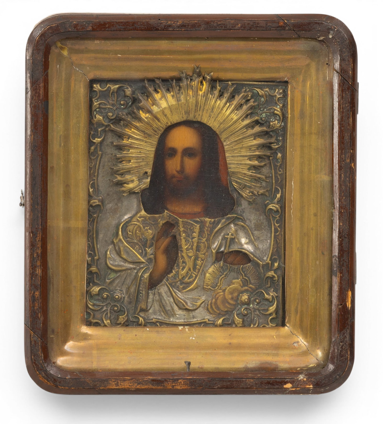 Russian Brass Clad Icon of Christ Salvator Mundi, Ca. 19th C., H 7.25" W 5.75" (1 of 3)