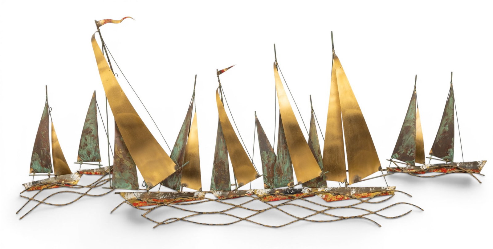Curtis Jeré (American, 1910-2008) Brass Sailing Regatta Wall Sculpture 1971, H 28" W 61" (1 of 6)