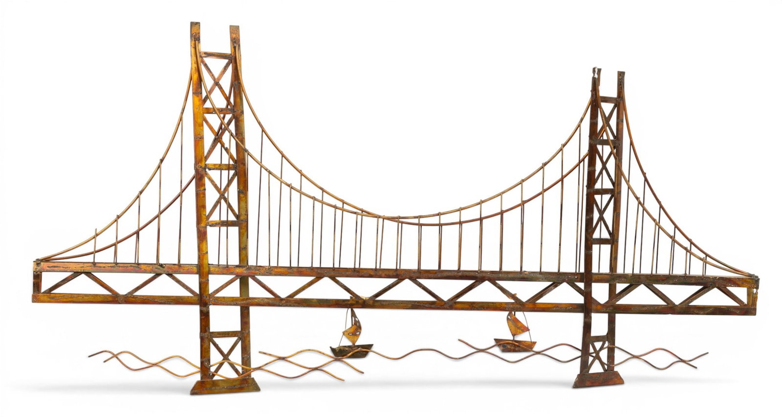In the Manner of Curtis Jeré (American, 1910-2008) Brass Bridge Wall Sculpture 20th Cent., H: In the Manner of Curtis Jeré (American, 1910-2008) Brass Bridge Wall Sculpture 20th Cent., H 26.5" W 52" Full relief wall sculpture, no apparent signature. Dimensions: H 26.5" W 52"