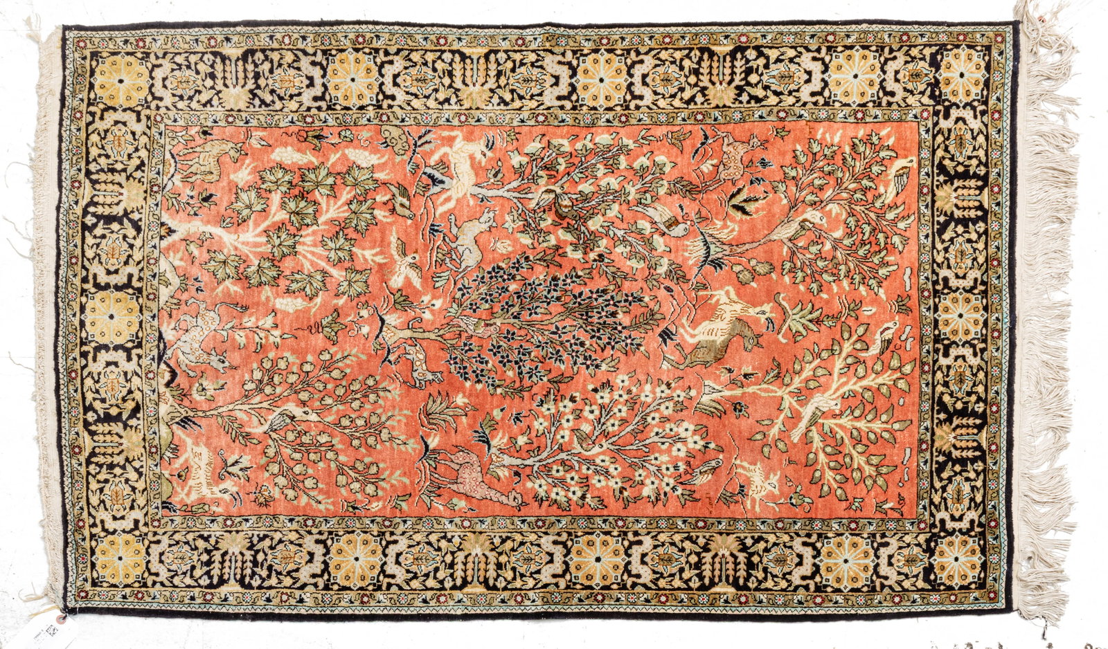 Qom (Persian) Silk Pictorial Carpet 1950, W 33" L 53" 1 PC: Qom (Persian) Silk Pictorial Carpet 1950, W 33" L 53" 1 PC All silk, both pile and foundation. Intricate motif of birds, animals, flowering trees. Extremely uniform weave and smooth to the touch. Rose