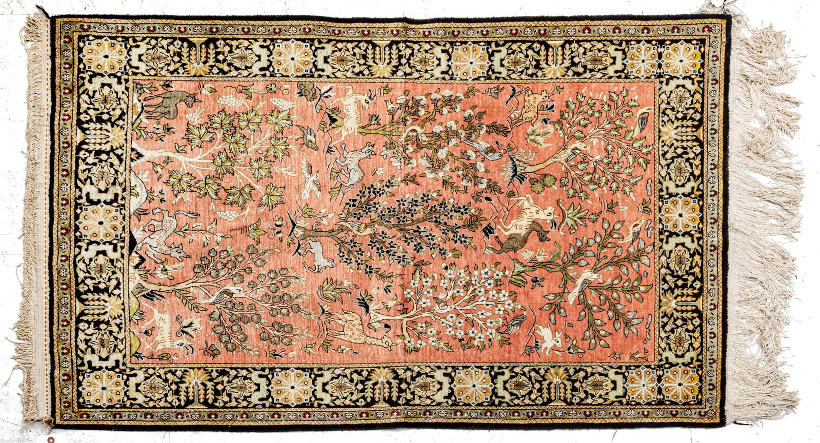 Qom (Persian) Silk Pictoral Rug 1950, W 31" L 51" 1 PC: Qom (Persian) Silk Pictoral Rug 1950, W 31" L 51" 1 PC All silk, both pile and foundation. Intricate motif of birds, animals, flowering trees. Extremely uniform weave and smooth to the touch. Rose col