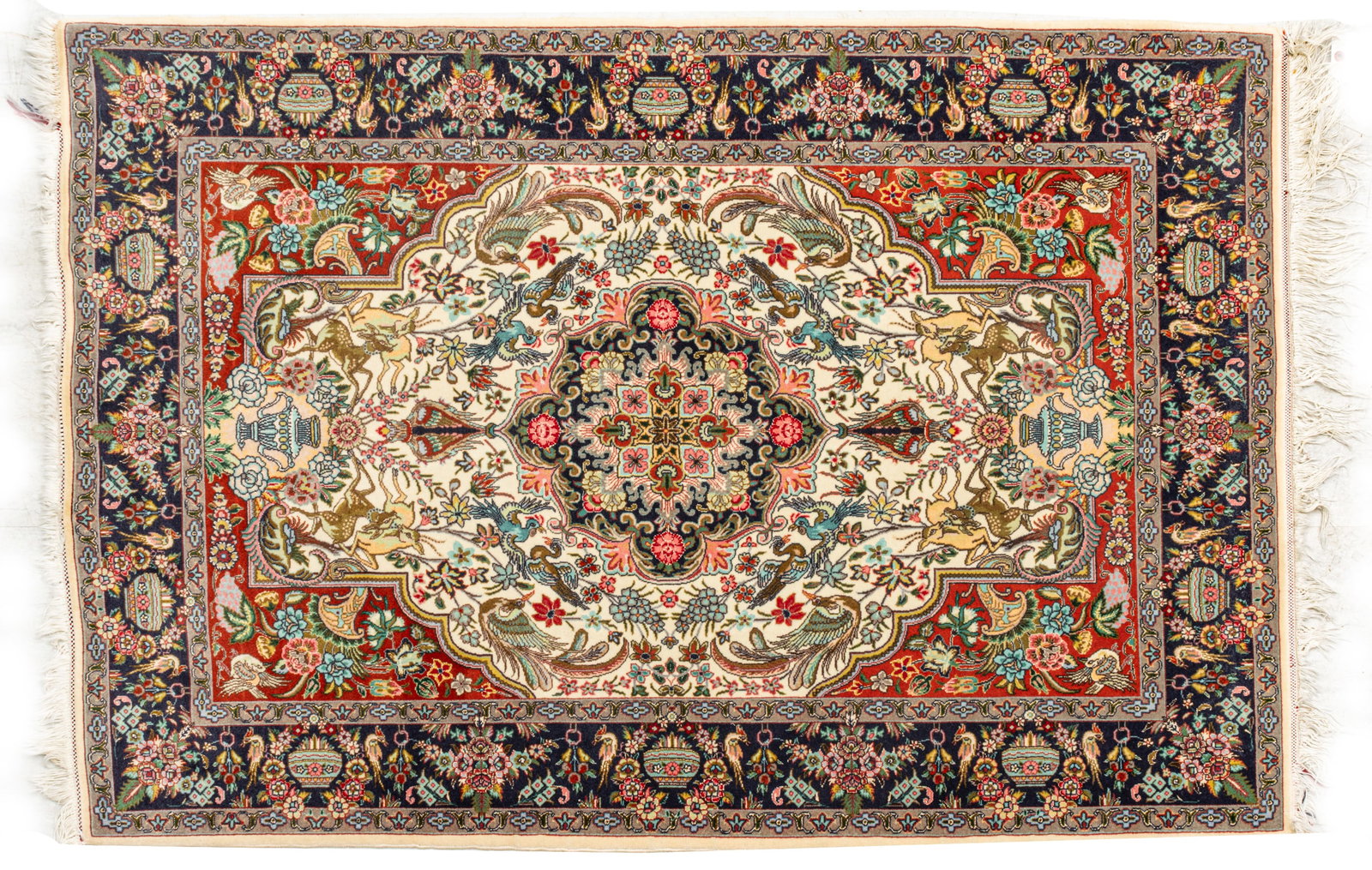 Persian Ispahan Oriental Rug, Silk and Wool Pictorial Rug W 3' 4" L 5' 1 PC: Persian Ispahan Oriental Rug, Silk and Wool Pictorial Rug W 3' 4" L 5' 1 PC Ivory field with center medallion, Intricate motif includes birds and deer. Black border with floral swags, birds and 