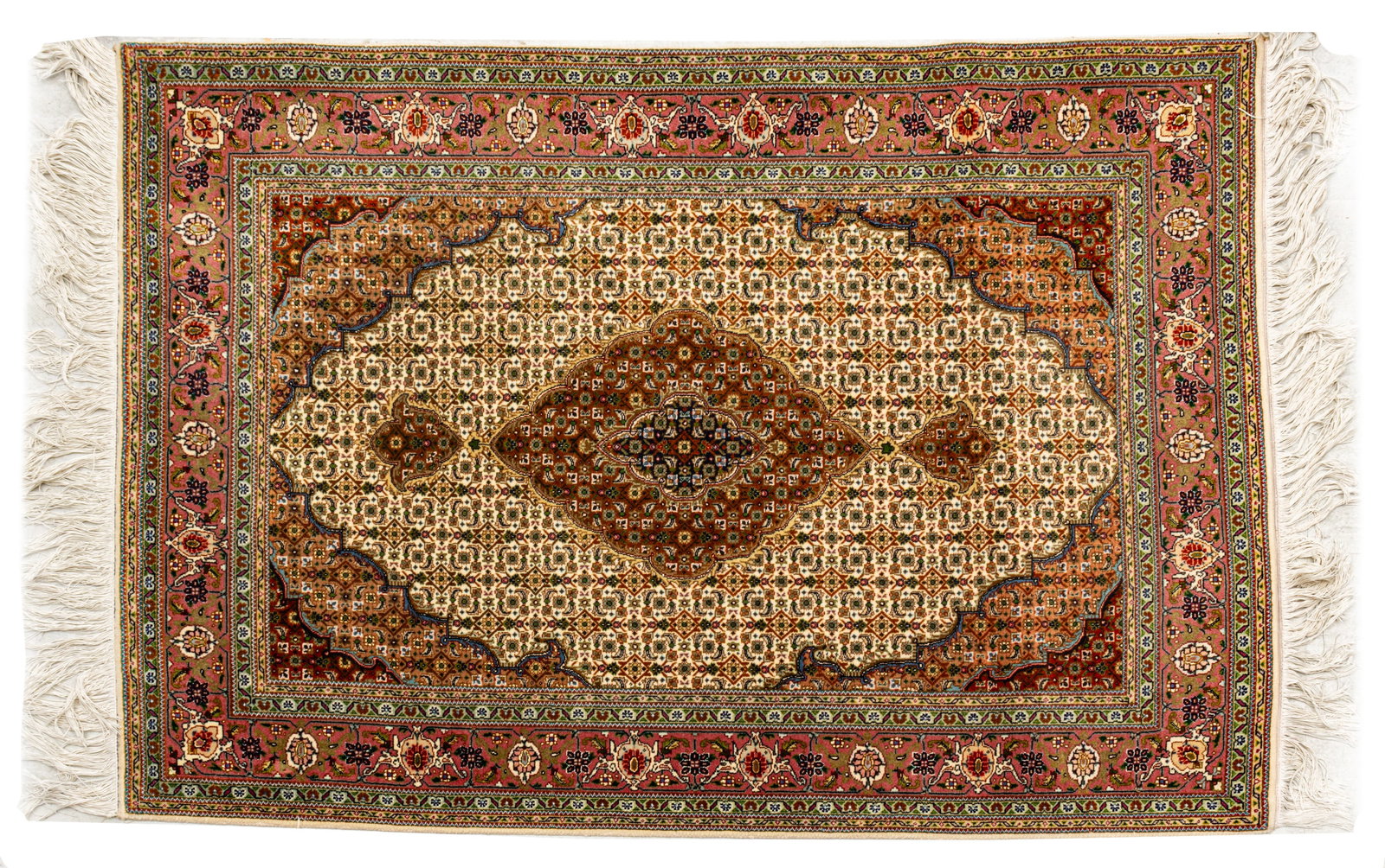 Persian Tabriz, Wool and Silk Mate to Above W 3' 4" L 5' 1 PC: Persian Tabriz, Wool and Silk Mate to Above W 3' 4" L 5' 1 PC Ivory field with intricate repetitious detail. Wide rose border and two narrow borders with green. Exceedingly fine. One of a pair. 