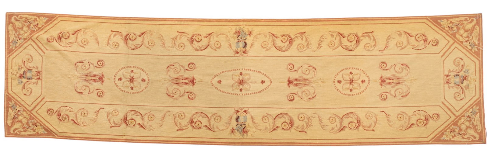 Aubusson Style Needlepoint Tapestry Runner 1900, W 2' 8" L 9' 8": Aubusson Style Needlepoint Tapestry Runner 1900, W 2' 8" L 9' 8" Pink and red on beige ground. Two wide borders with flower pattern down the center. Provenance: Property from the Estate Collection of 