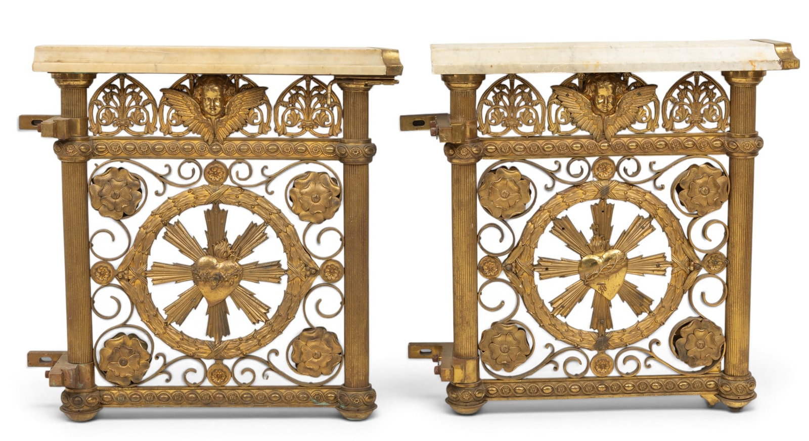 Marble and Bronze Church Altar Gates 1900, H 30" W 29" 1 PAIR: Marble and Bronze Church Altar Gates 1900, H 30" W 29" 1 PAIR Highly decorative with an angel decorating the upper ledge and a sacred heart at the center of each gate. Very heavy. Provenan