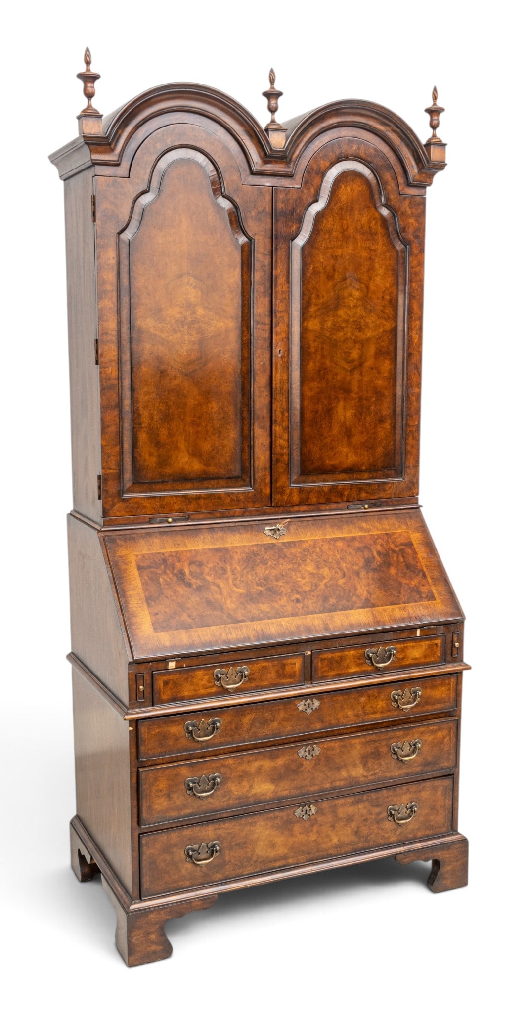 Chippendale Style Burled Walnut and Mahogany Double Dome Secretary Desk 20th Cent., H 87" W 38" (1 of 13)