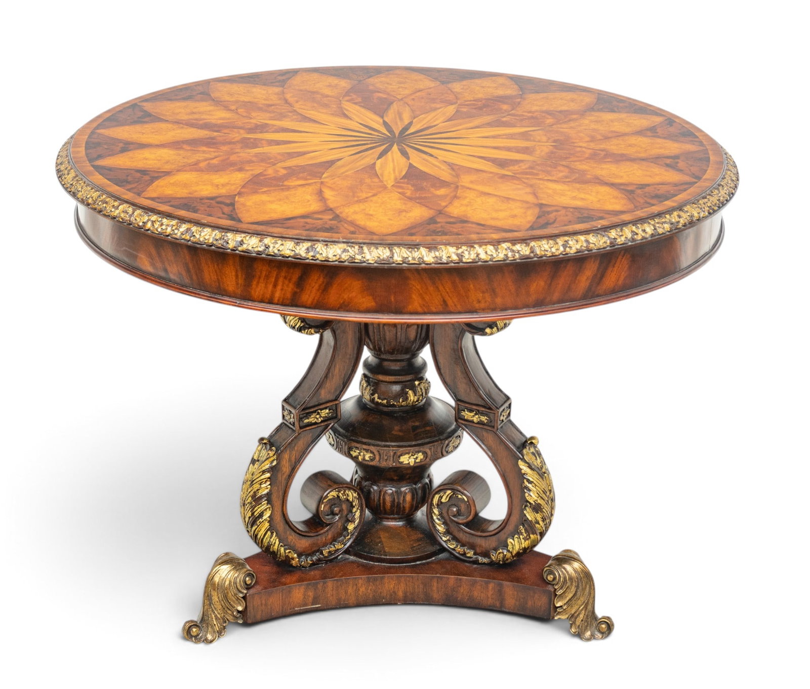 Maitland Smith (English) Partial Gilt Carved Mahogany Marquetry Top Table 20th Cent., H 30" Dia. 40" (1 of 6)