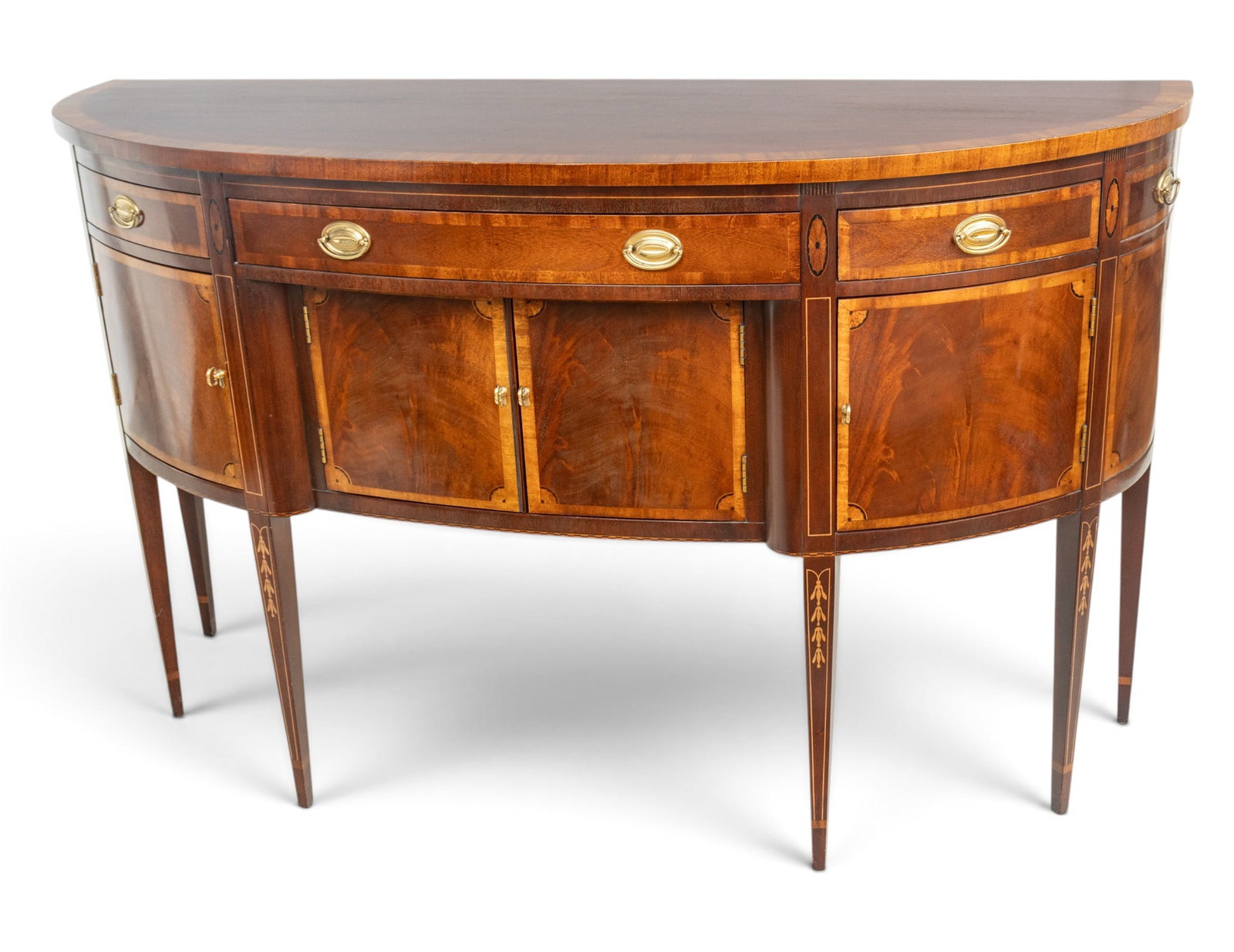 Hickory White Furniture Company (American) Hepplewhite Style Mahogany Sideboard 20th Cent., H 40.25": Hickory White Furniture Company (American) Hepplewhite Style Mahogany Sideboard 20th Cent., H 40.25" W 66.5" Depth 22" Three upper drawers and two false drawers, all above four wood doors. Provenance: