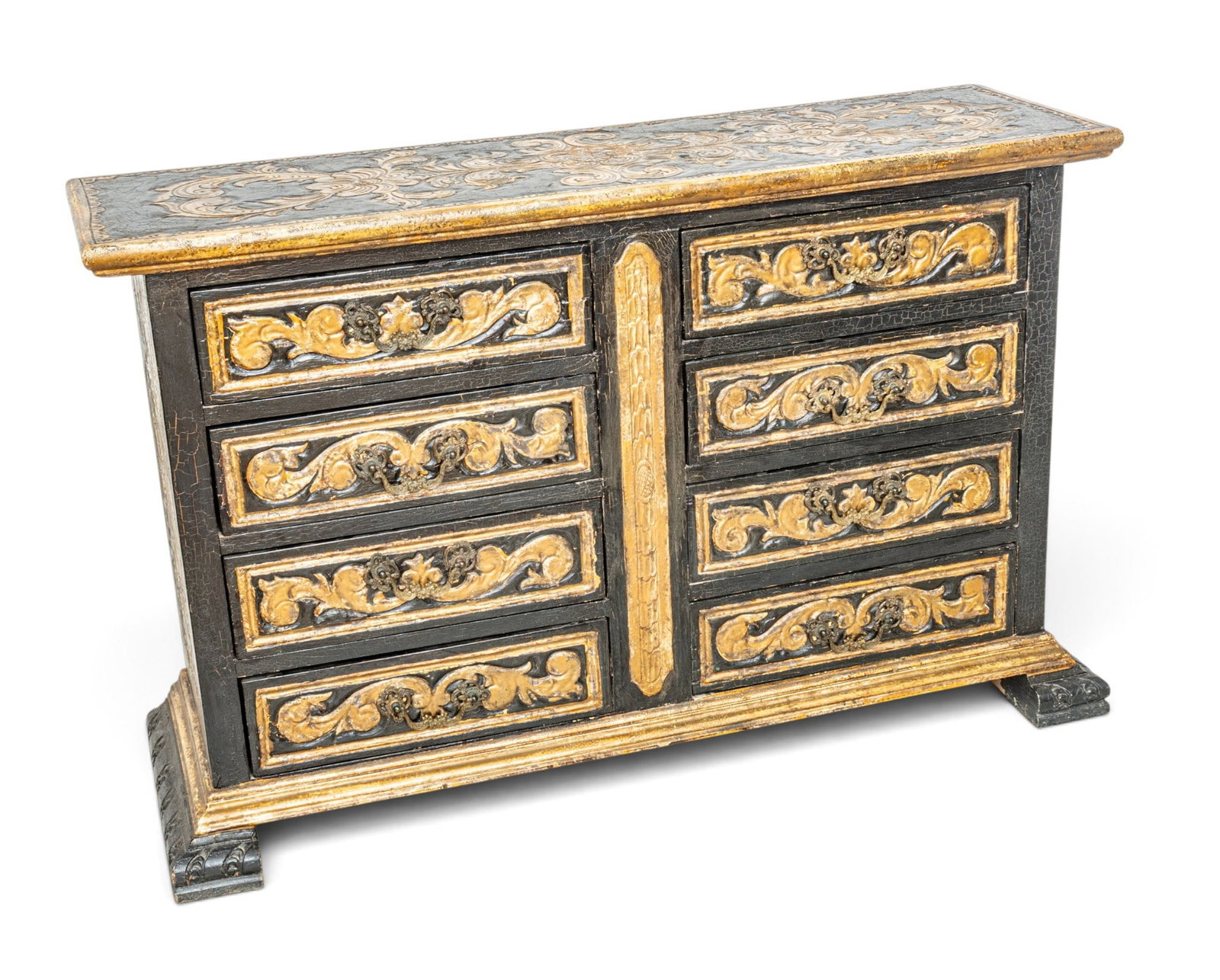 Arte De Mexico Hand Carved and Hand Painted Chest of 8 Drawers, Spanish Revival 1950, H 35" L 55": Arte De Mexico Hand Carved and Hand Painted Chest of 8 Drawers, Spanish Revival 1950, H 35" L 55" Depth 16" 1 PC Having a rectangular top above eight drawers, raised on short feet. Black with incised 