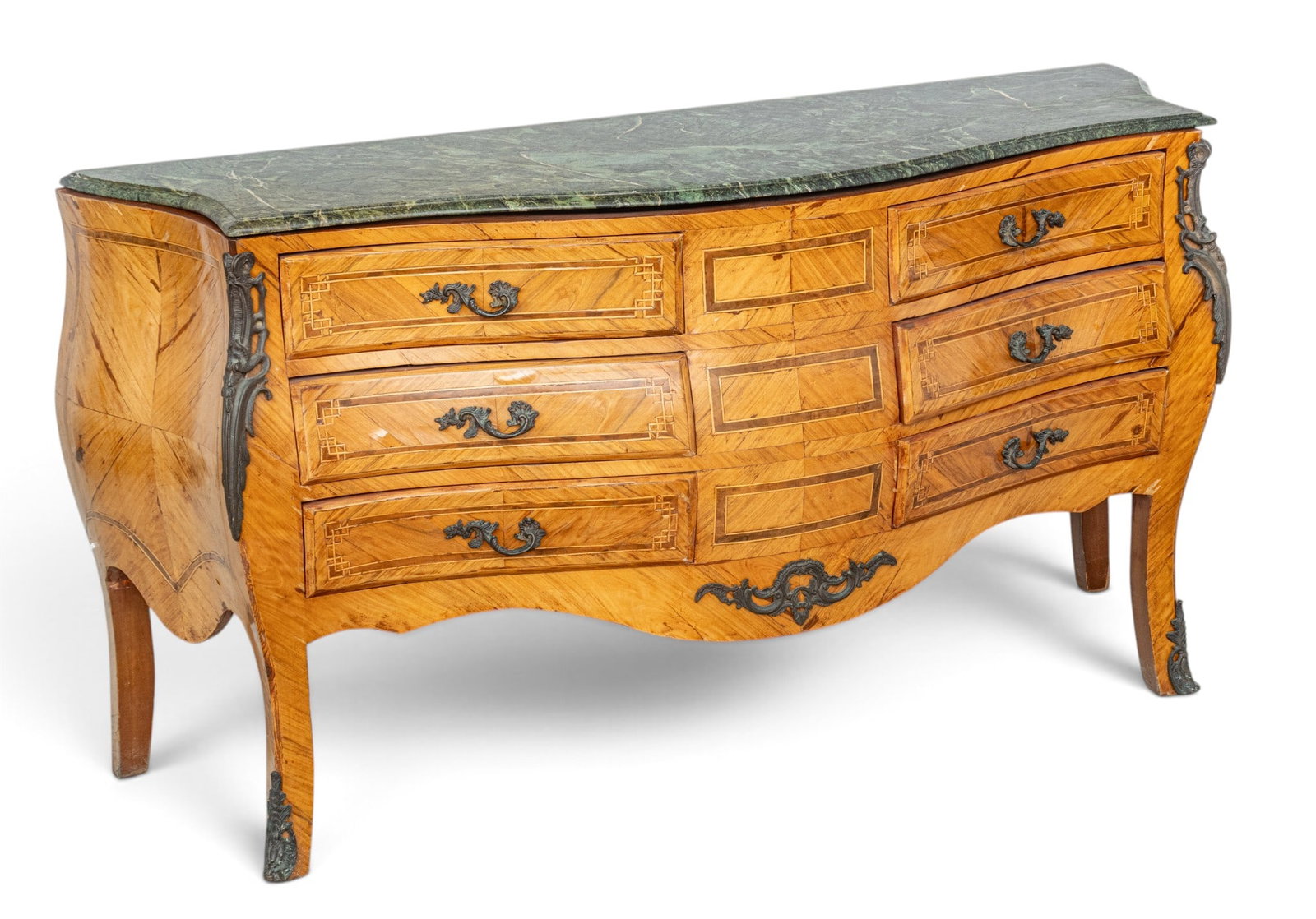 Louis XV Style Inlaid Bombe Commode 1950, H 34" W 64" Depth 14" (1 of 12)